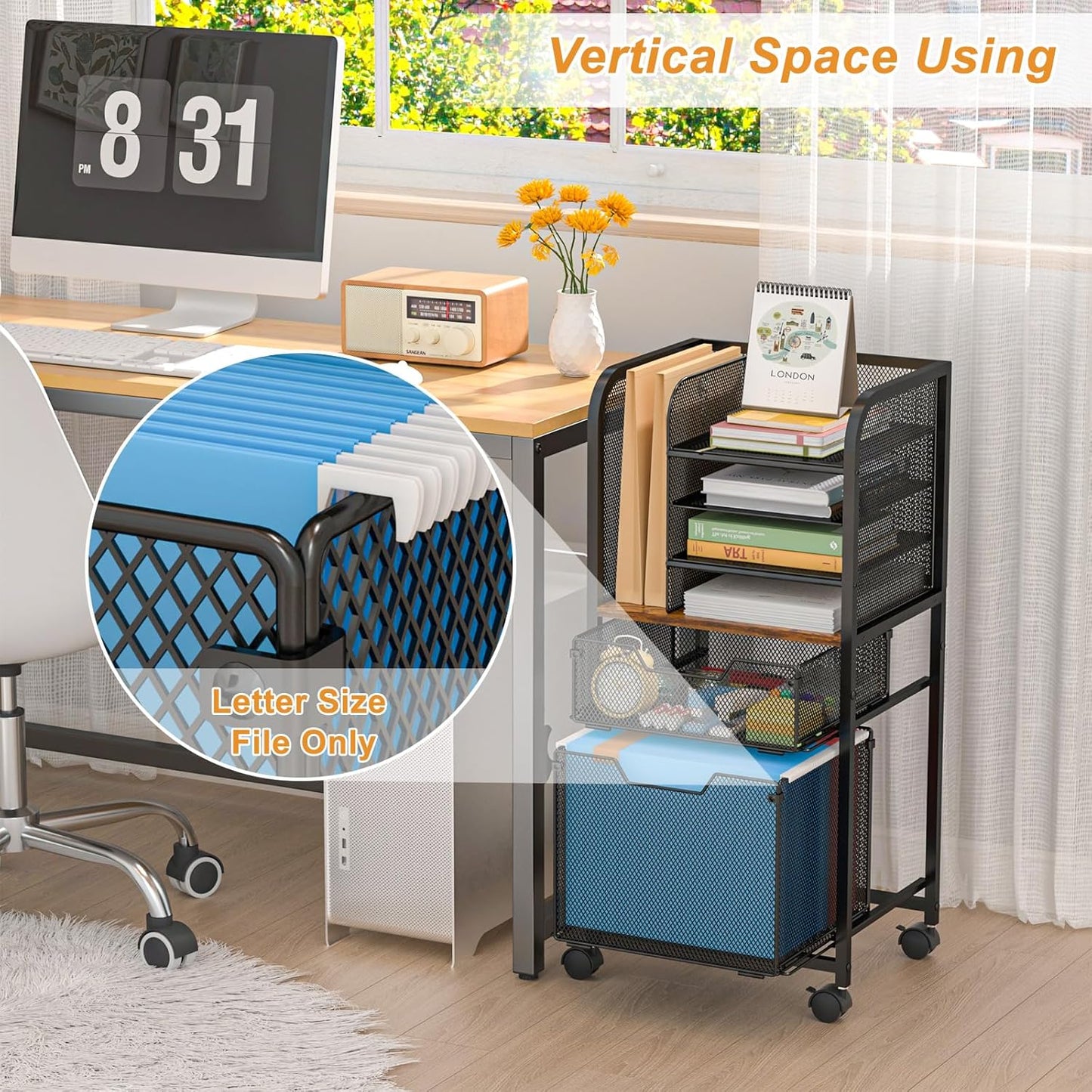 6-Tier Rolling File Cart with 2 Drawers, File Cabinet Organizer for Hanging File Folders, Letter-Size File Storage with Wheels, Multi-Layer Mobile Filing Cabinet for Office and Home