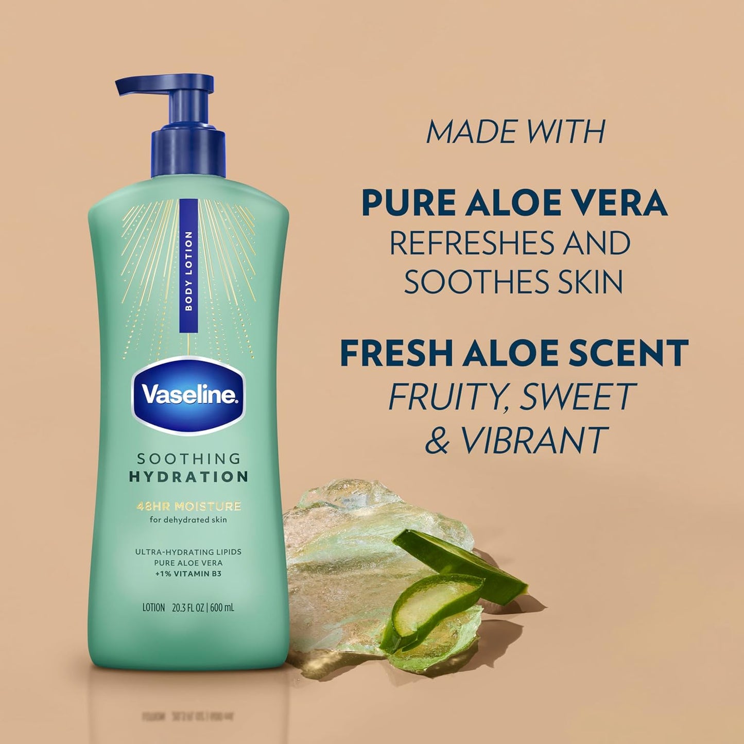 Vaseline Intensive Care Body Lotion for Dry Skin Soothing Hydration Lotion Made with Ultra-Hydrating Lipids + 1% Aloe Vera Extract to Refresh Dehydrated Skin 20.3 oz, Pack of 3 (packaging May Vary)