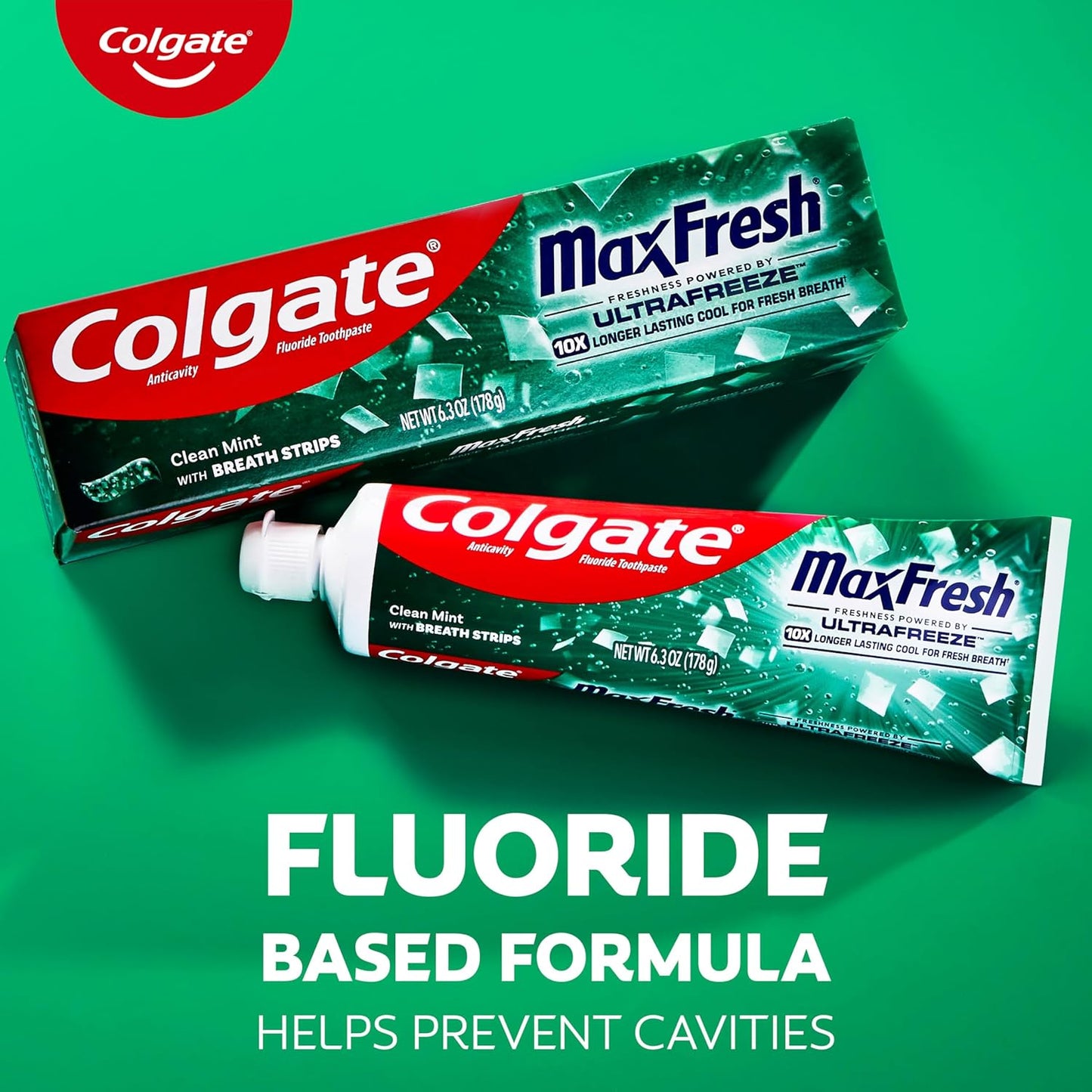 Colgate MaxFresh Clean Mint Toothpaste Pack, Fresh Breath Toothpaste with Fluoride and Hundreds of Mini Breath Strips, Leaves Mouth Feeling Refreshed for Hours, 4 Pack, 6.3 oz