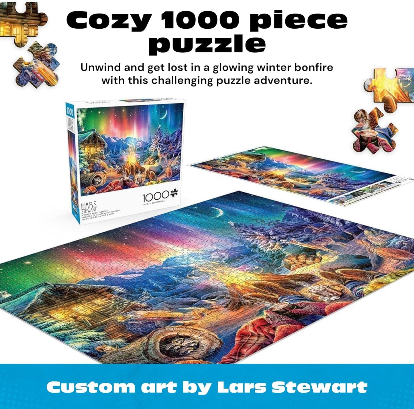 Buffalo Games - Lars Stewart - Winter's Night Bonfire - 1000 Piece Jigsaw Puzzle - Colorful, Holiday Puzzles for Adults – Precision-Cut Pieces, Seasonal Artwork, and Hours of Relaxing Fun