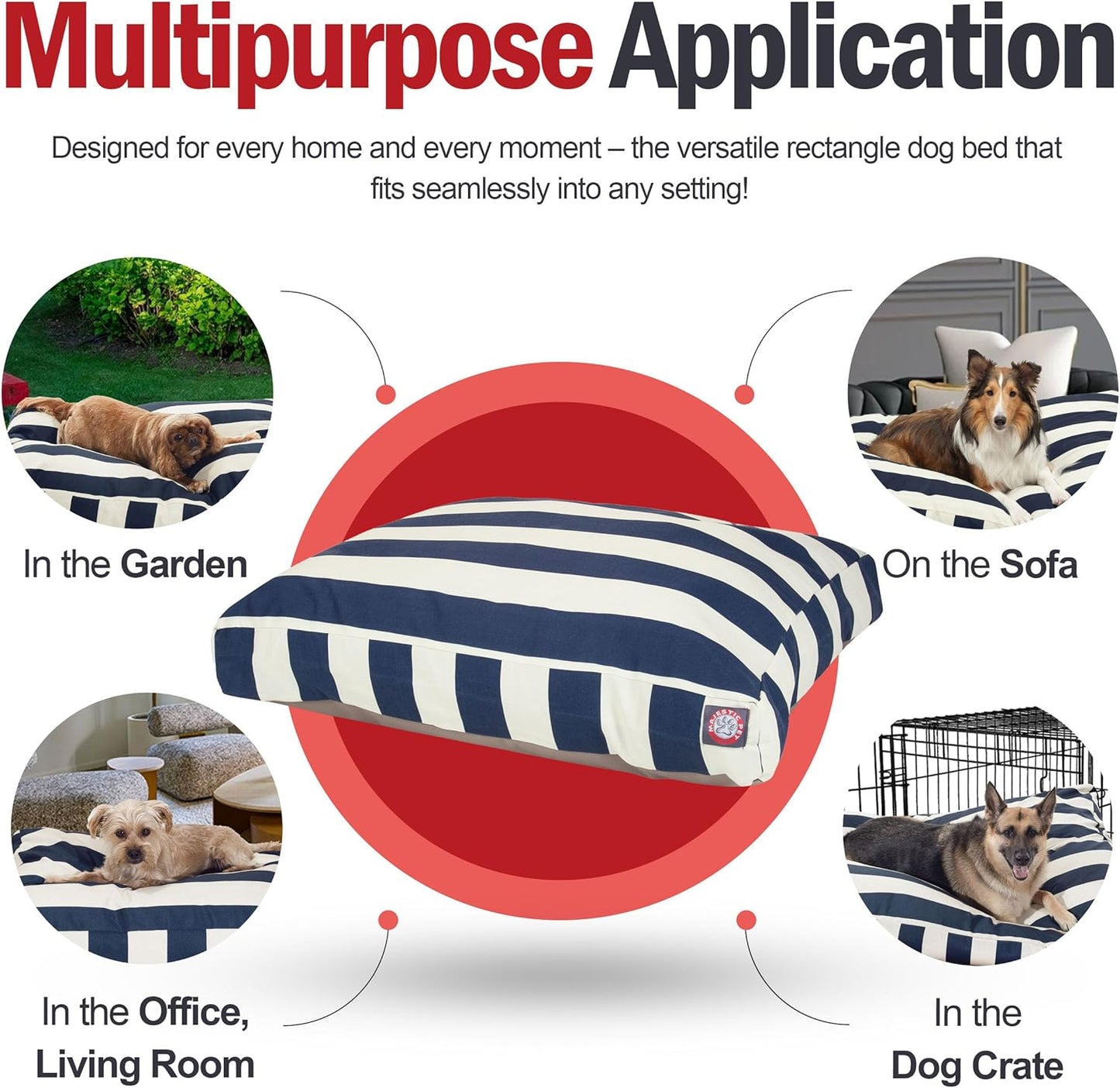 Majestic Pet Stripes Rectangle Large Dog Bed Washable – Non Slip Comfy Pet Bed – Dog Crate Bed with Removable Washable Cover – Dog Kennel Bed for Sleeping, Polyester Fiber, X-Large, Navy Blue