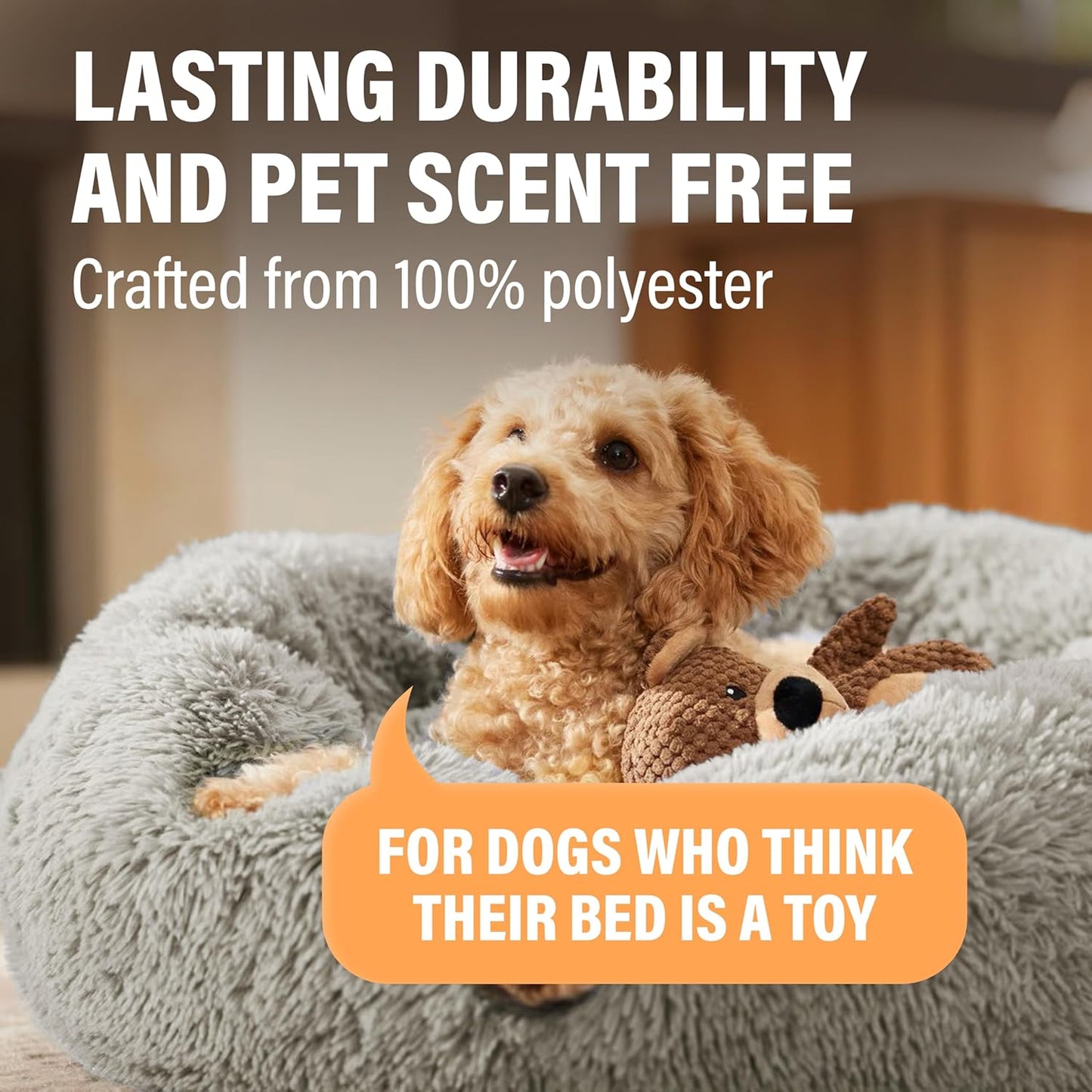 Active Pets Premium Medium Donut Dog Bed, Fits Up to 45 lbs, Removable Cover & Washable Cushion, Plush Long Pile Faux Fur Fabric, Portable Beige Pet Bed Furniture for Puppies Adult Canines & Cats