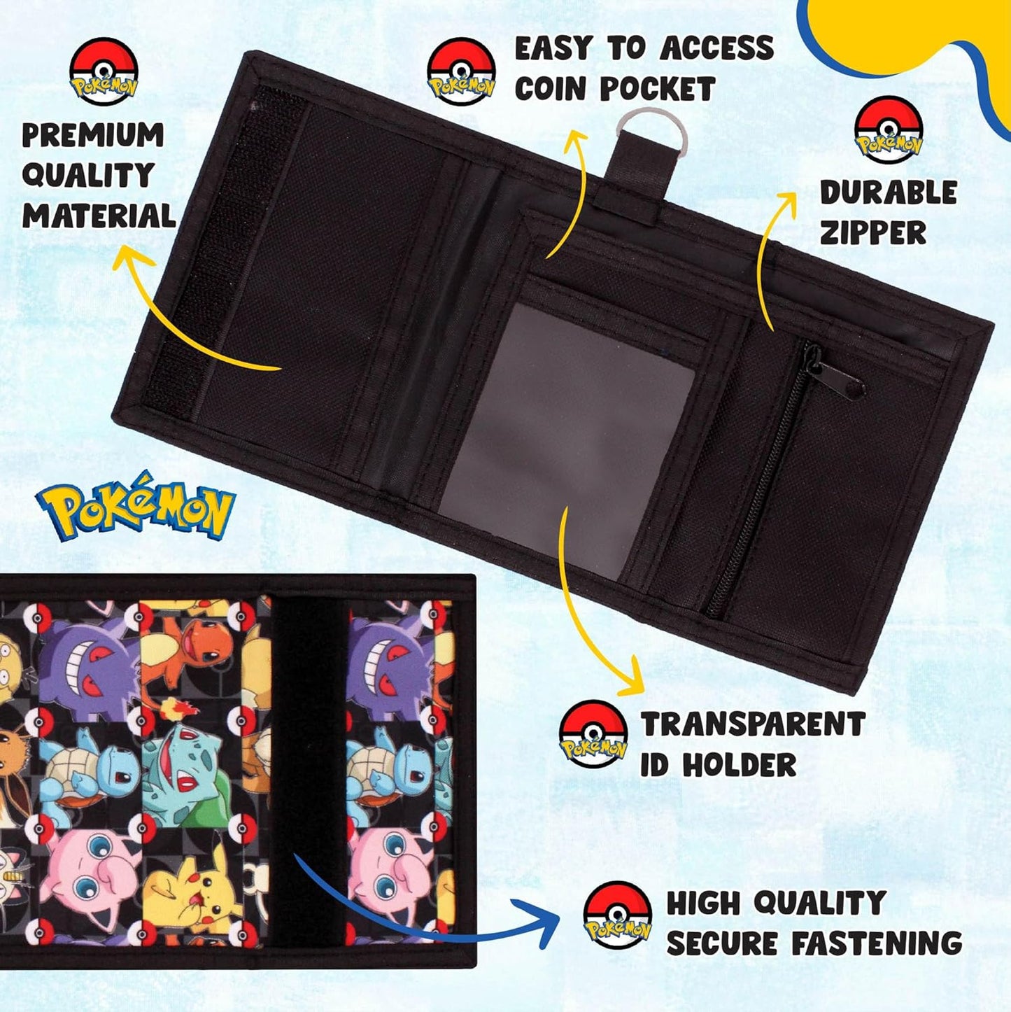 Pokemon Wallet for Boys and Girls, Kids Trifold Purse Canvas Wallets with Zip, Coin and Card Holder - Featuring Charmander & Pikachu