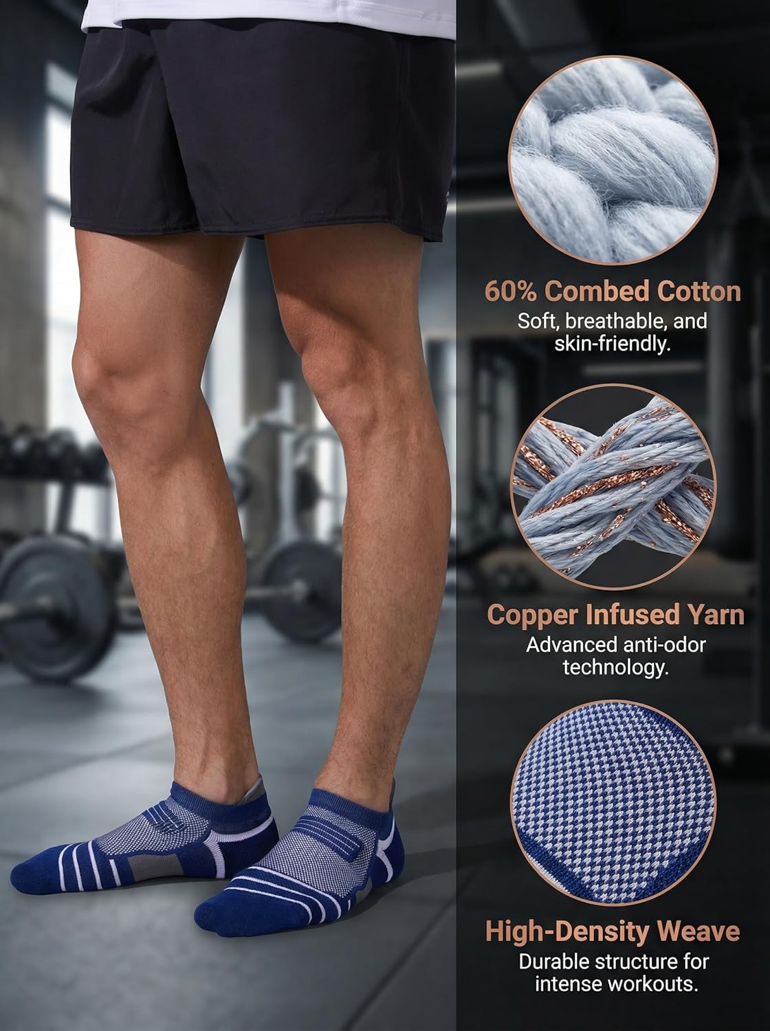 Kodal Ankle Compression Socks, Copper Yarn Low Cut Training Socks, Odor Free Moisture-wicking Arch Support Cushion