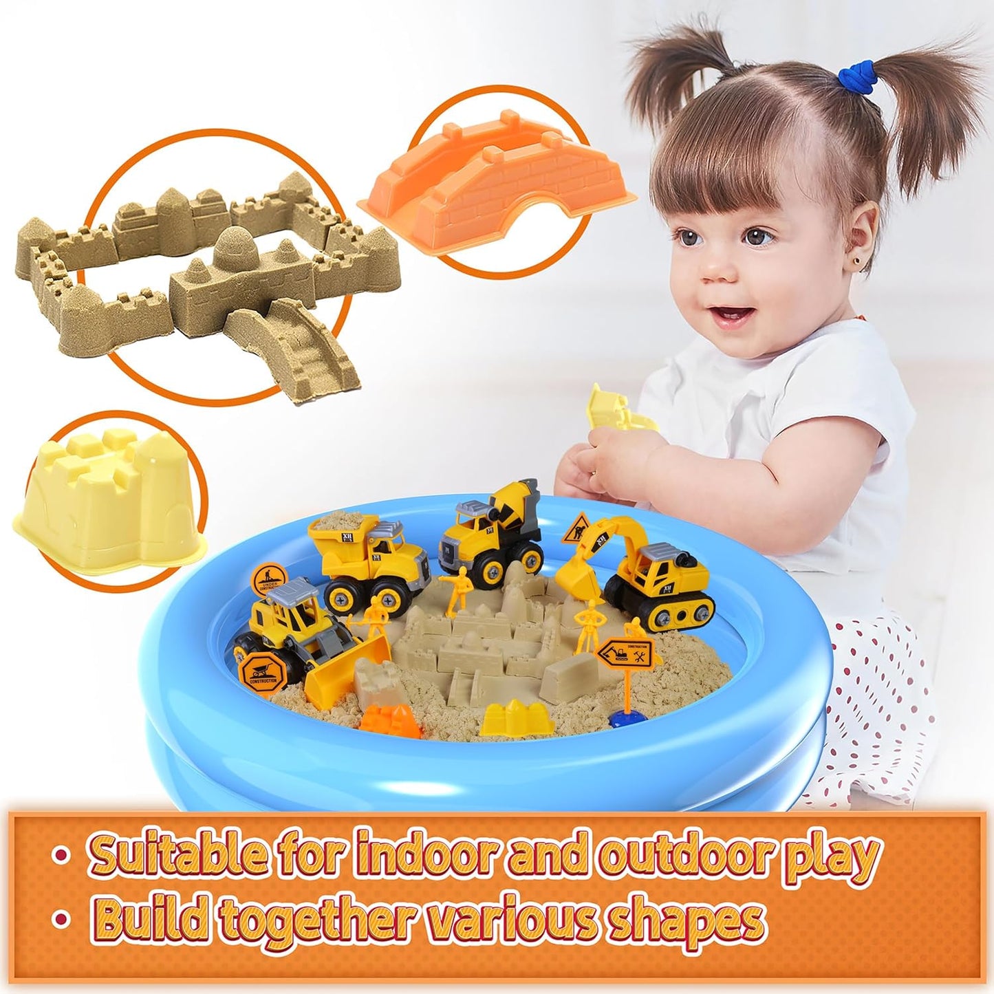 Play Construction Sand Kit,2.2lbs Magic Sand W/4 Large Take Apart Construction Trucks,1 Sandbox,8 Worker Figures and Road Signs,8 Molds,Toys for 2-8 Years Old Boys Girls