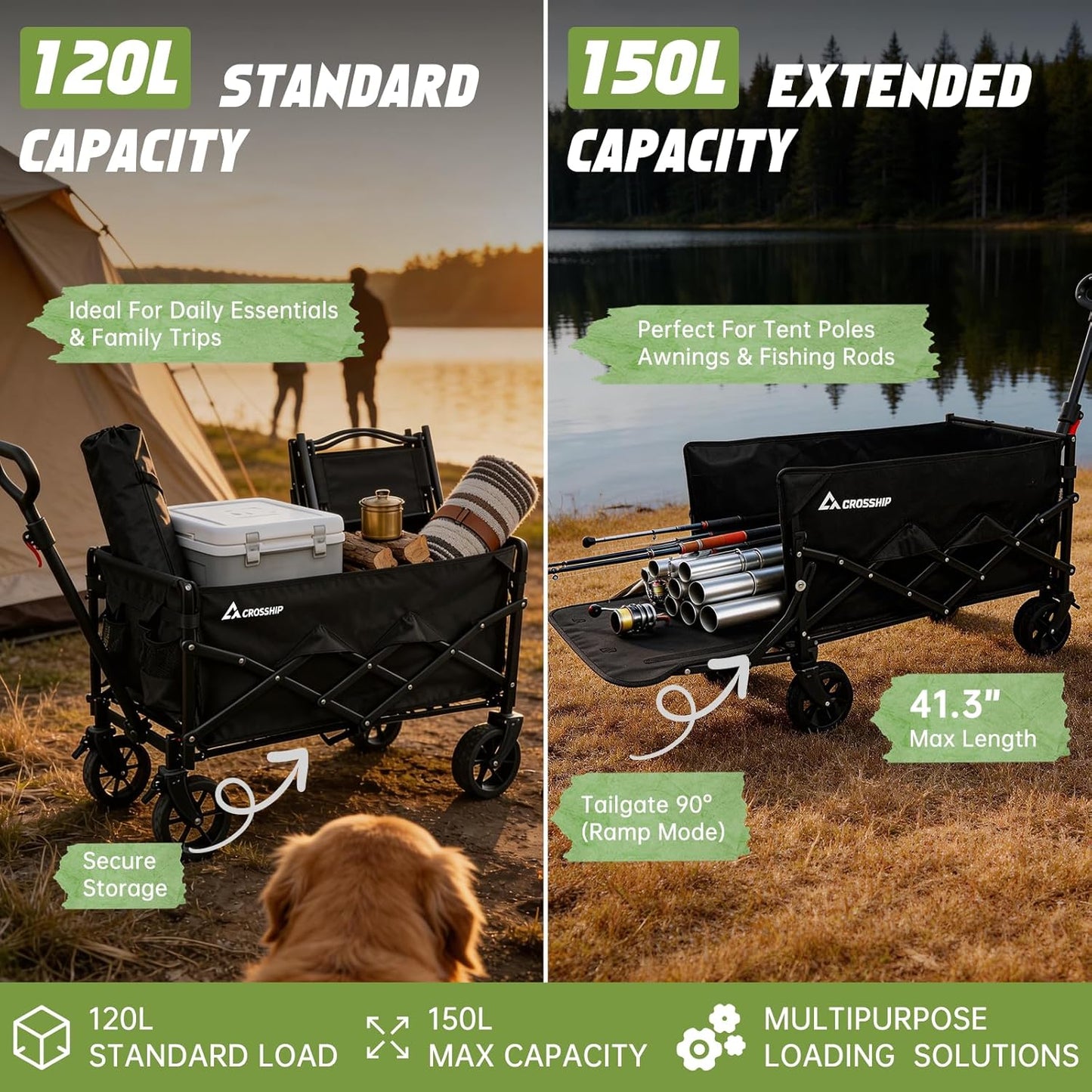 Collapsible Wagon Cart with Drop-Down Tailgate, 150L Heavy Duty Foldable Garden Cart 330 lbs Capacity, All-Terrain Wheels Utility Wagon for Beach, Camping, Long Items & Pet Transport