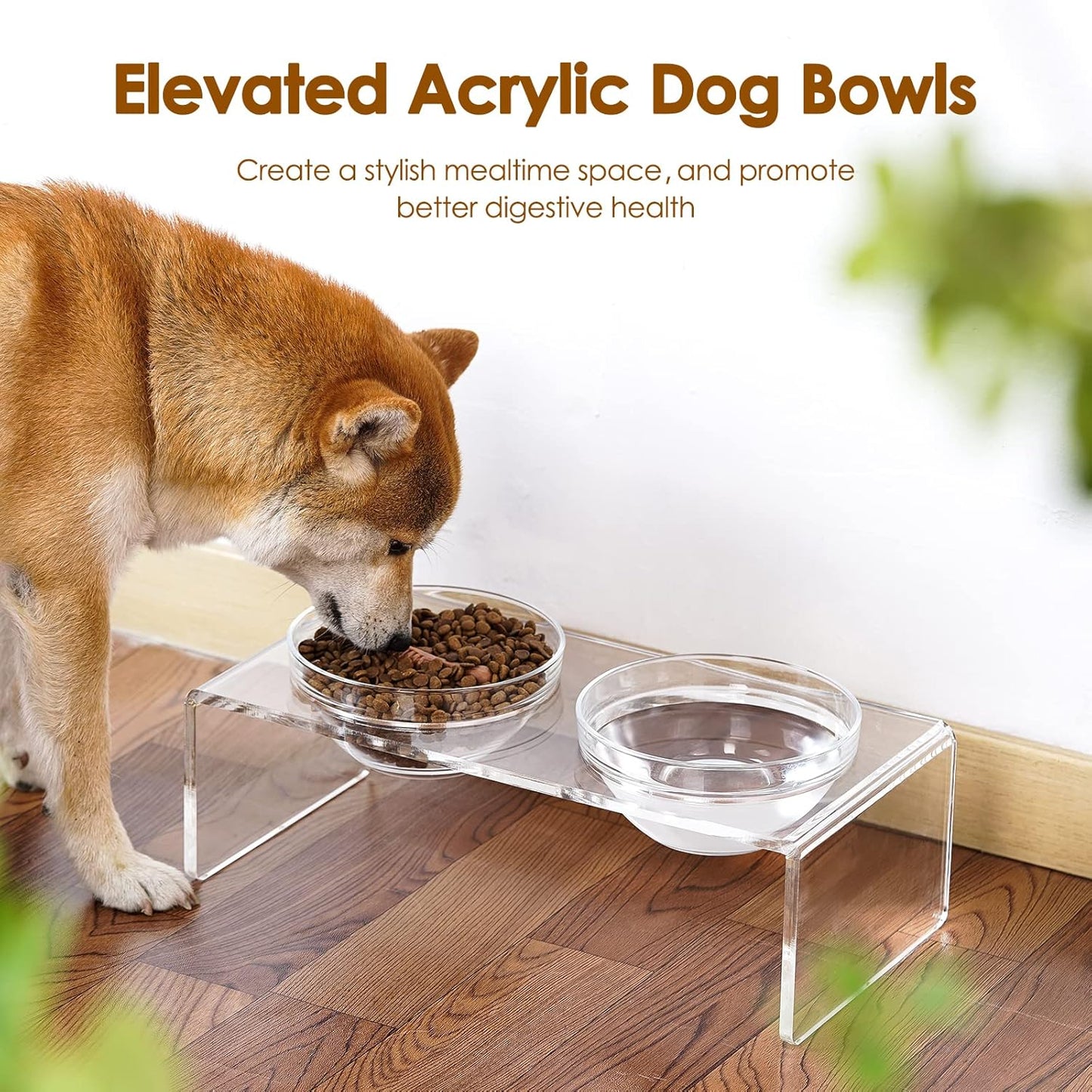 Acrylic Elevated Dog Cat Bowls Pet Feeder Double Bowl Raised Stand Comes with 2 Removable Glass Bowls and 2 Stainless Steel Bowls.Perfect for Medium Dogs, 5.5" Tall