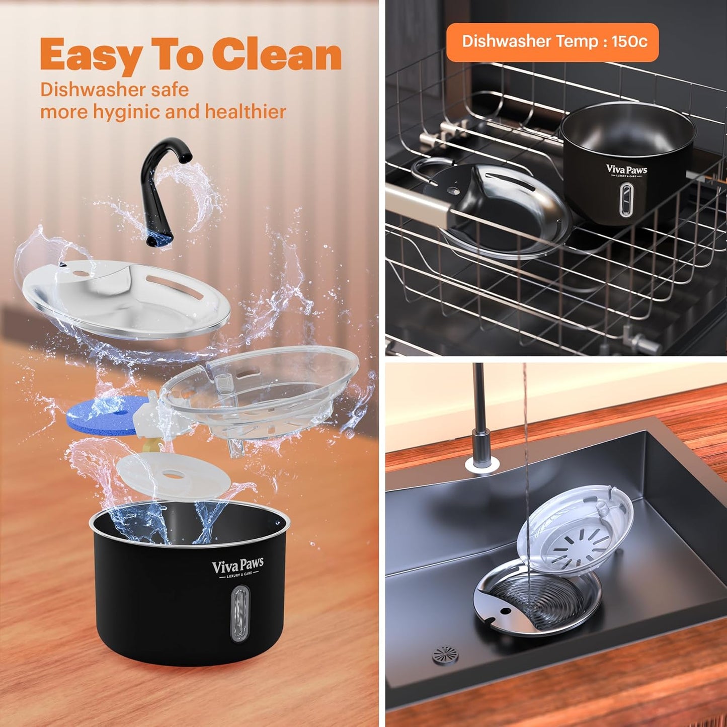 Cat Water Fountain Stainless Steel, Viva Paws 2.2L Automatic Drinking Fountain for Cats, Ultra Quiet Pet Fountain with 4 Stage Filtration System, Easy to Clean Indoor Cat Supplies