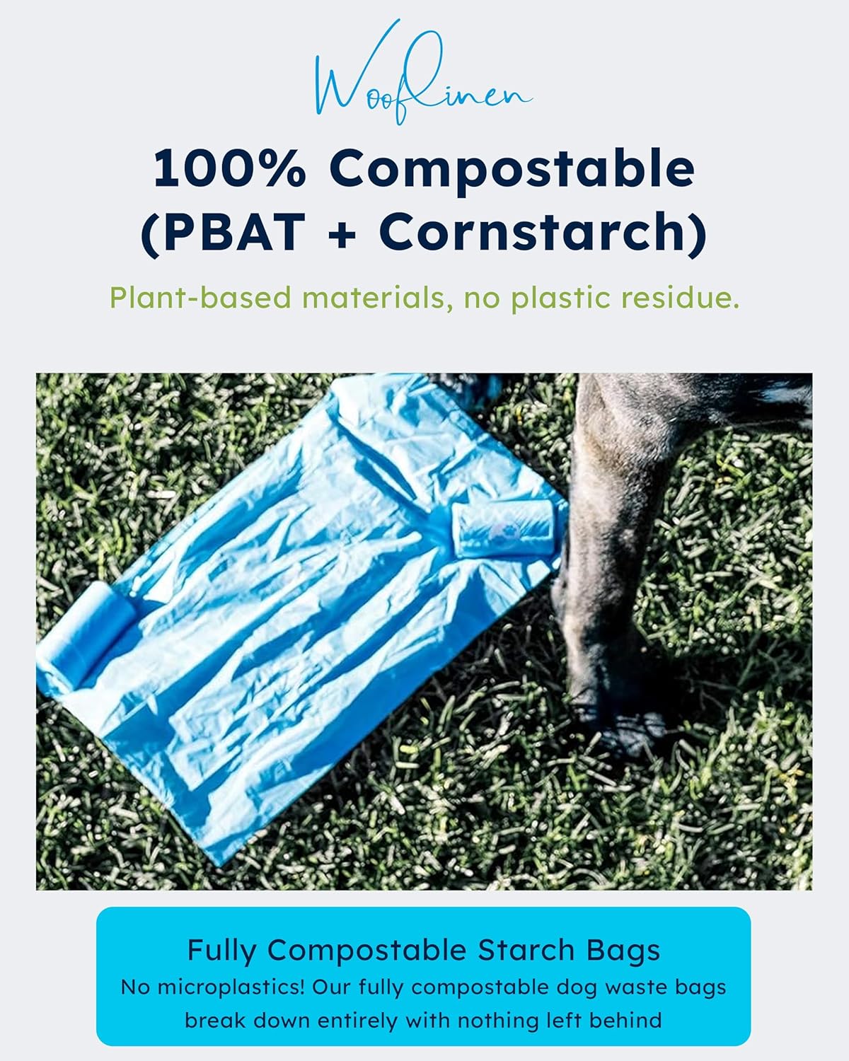 Wooflinen Unscented Compostable Dog Poop Bags – Leak-Proof Dog Poop Bags Rolls – Large 9x13”, Durable, Easy Tear – Made from Plant-Based Materials – For Big & Small Dogs – 240 Bags (16 Rolls)