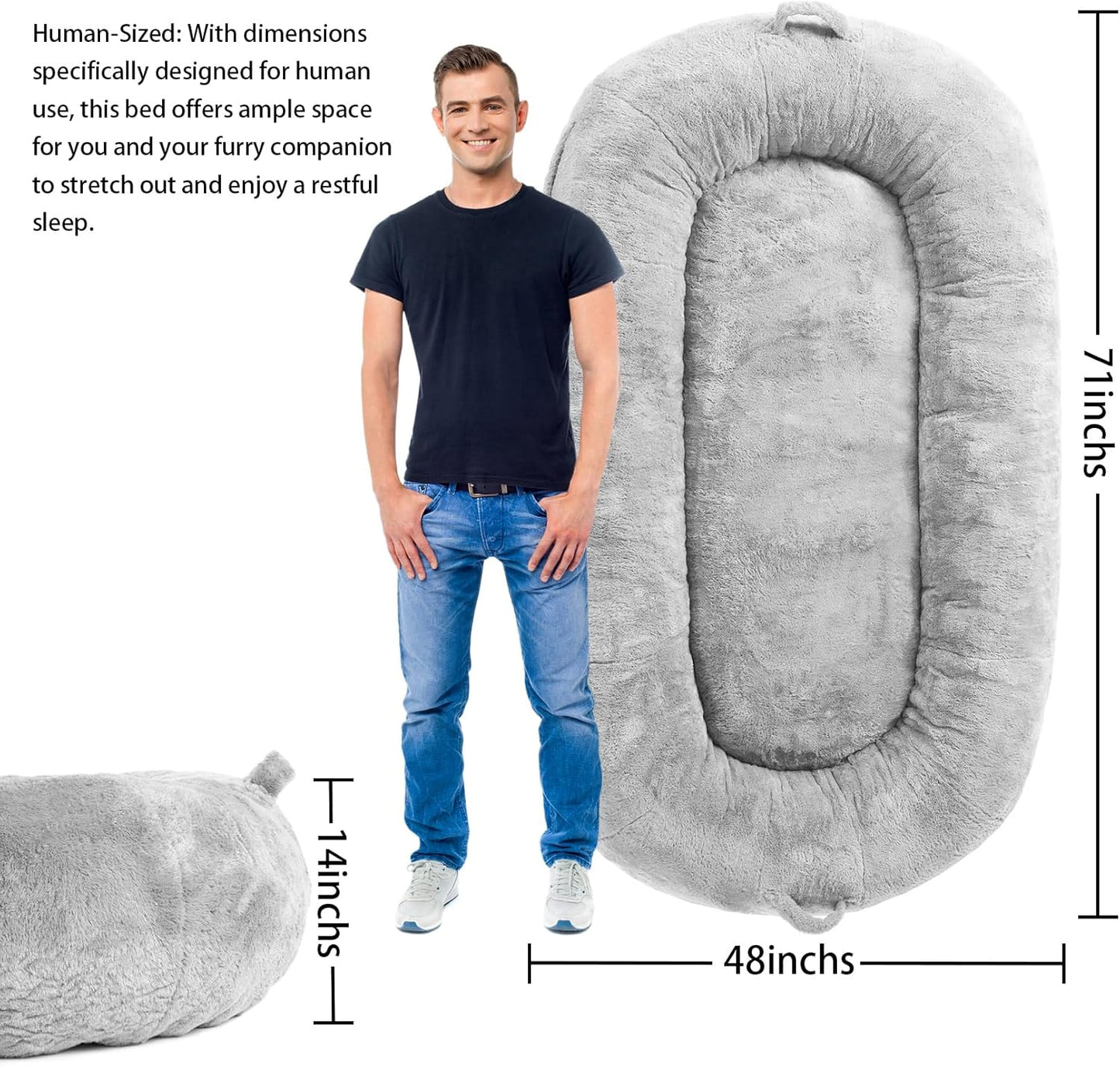 FairOnly Dog Bed for People Adults 71"x48"x14", Bean Bag Bed with Removable Cover, Bean Bag Floor Nap Bed for Adults, Light Grey