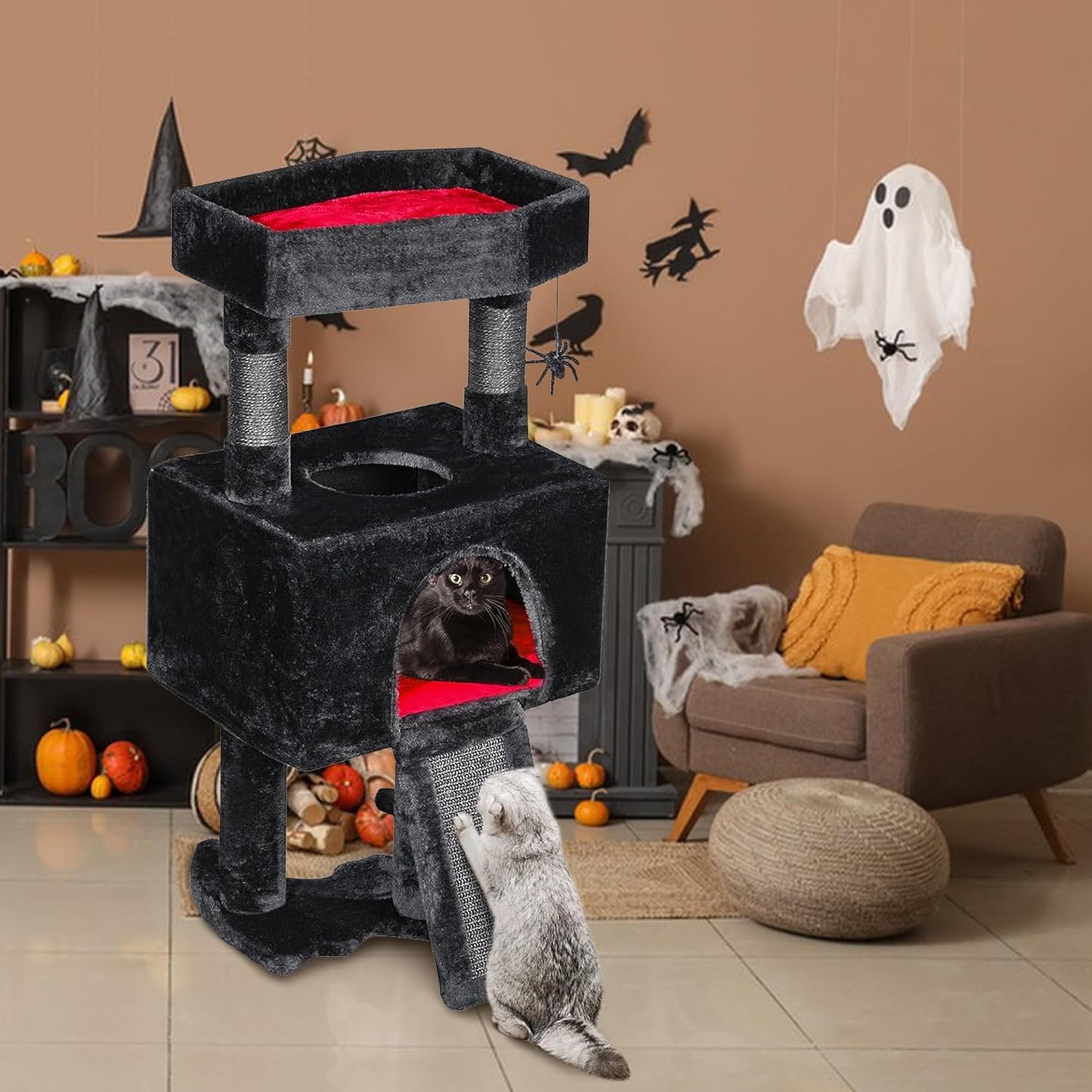 BEWISHOME 33.6in Cat Tree Tower for Indoor Gothic Cat Trees with Coffin Bed, Cat Condo Cat House with Scratching Posts, Cat Shelves with Spider Toy, Pet Play Activity Center Black with Red, MMJ95R