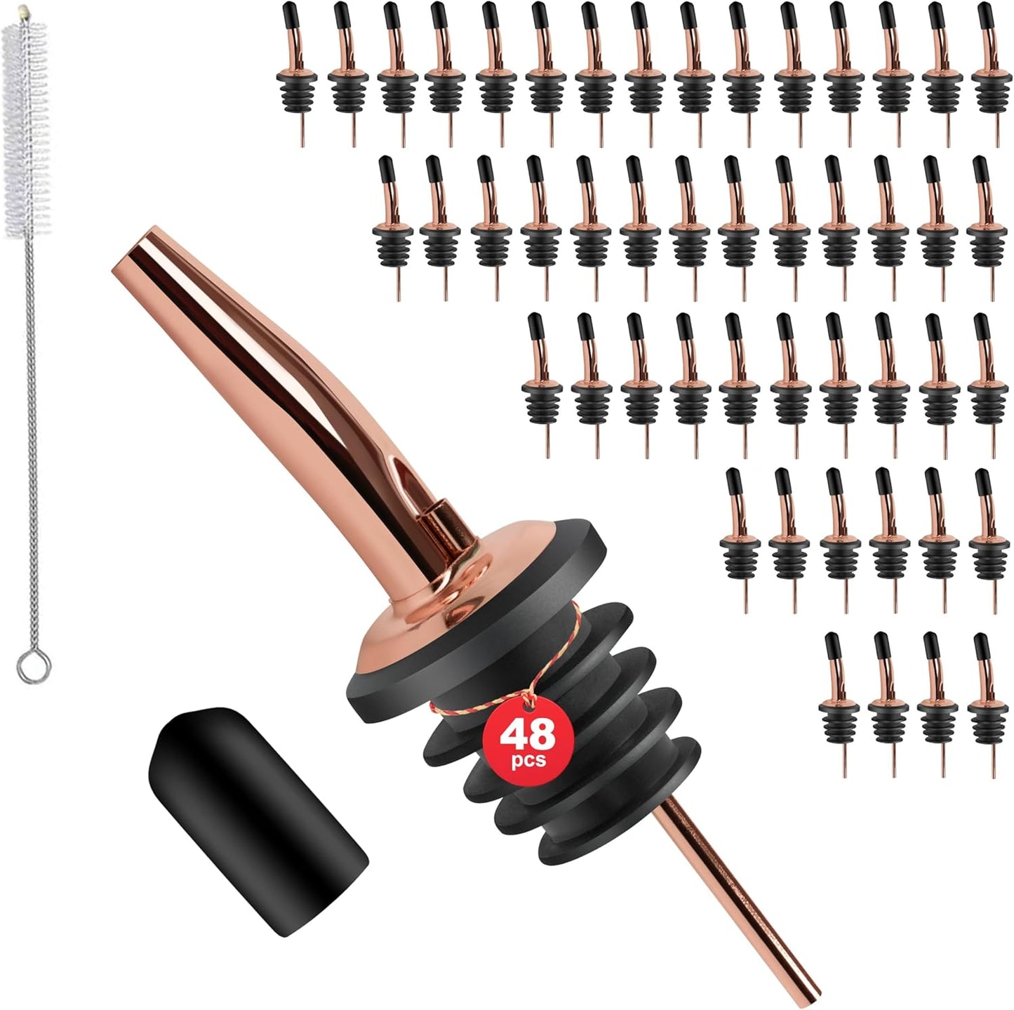 48 Pack Stainless Steel Bottle Pourers for Alcohol, Liquor, and Wine - Bar Accessories, Spouts for Bottles and Dispensers (rose gold)