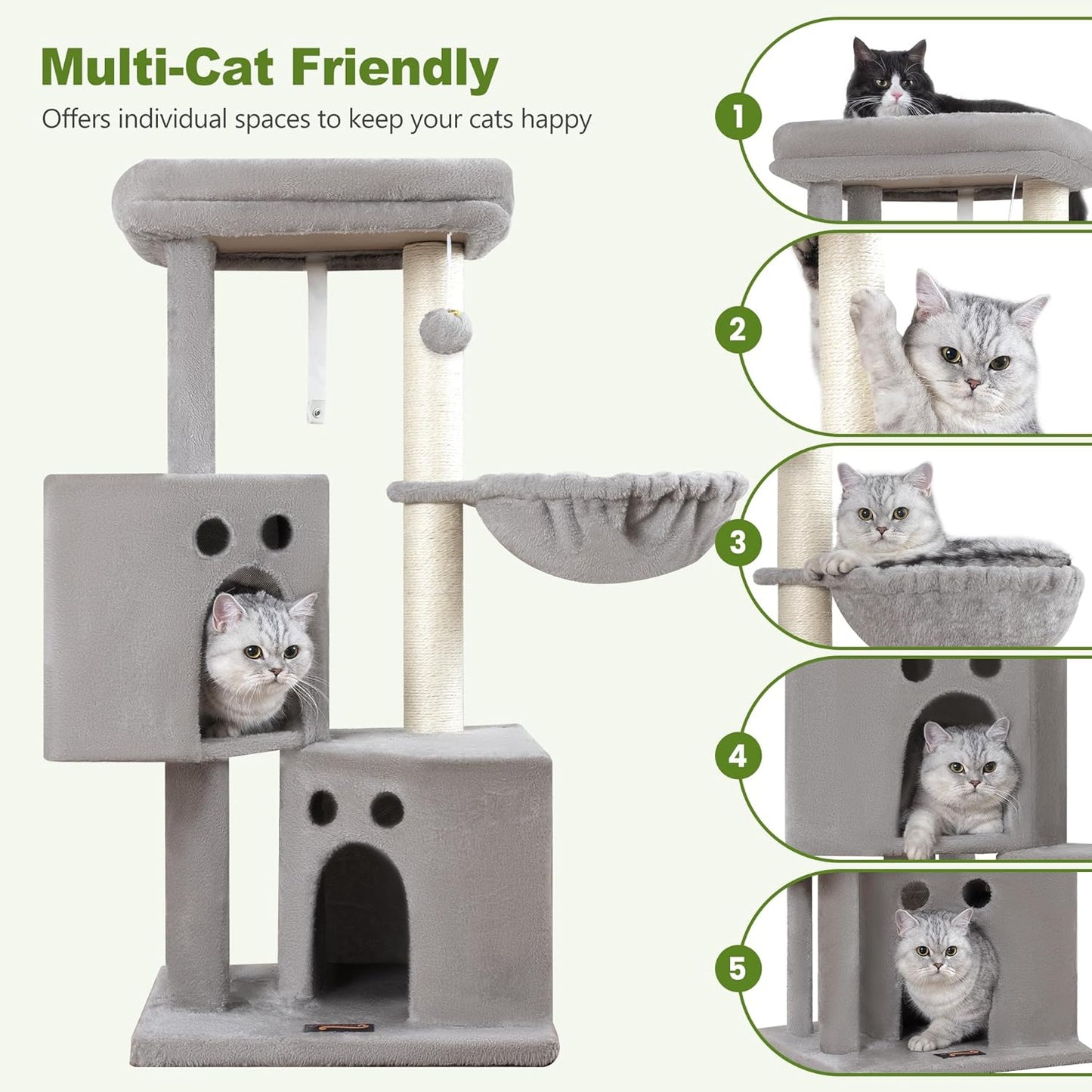 Small Cat Tree Tower for Indoor Cats, 40 In Medium Multi-Level Compact Cat House Bed with 2 Condo, Large Platform Perch, Sisal Scratching Post, Hammock, Cat Climbing Stand for Kitty kitten(Light Grey)