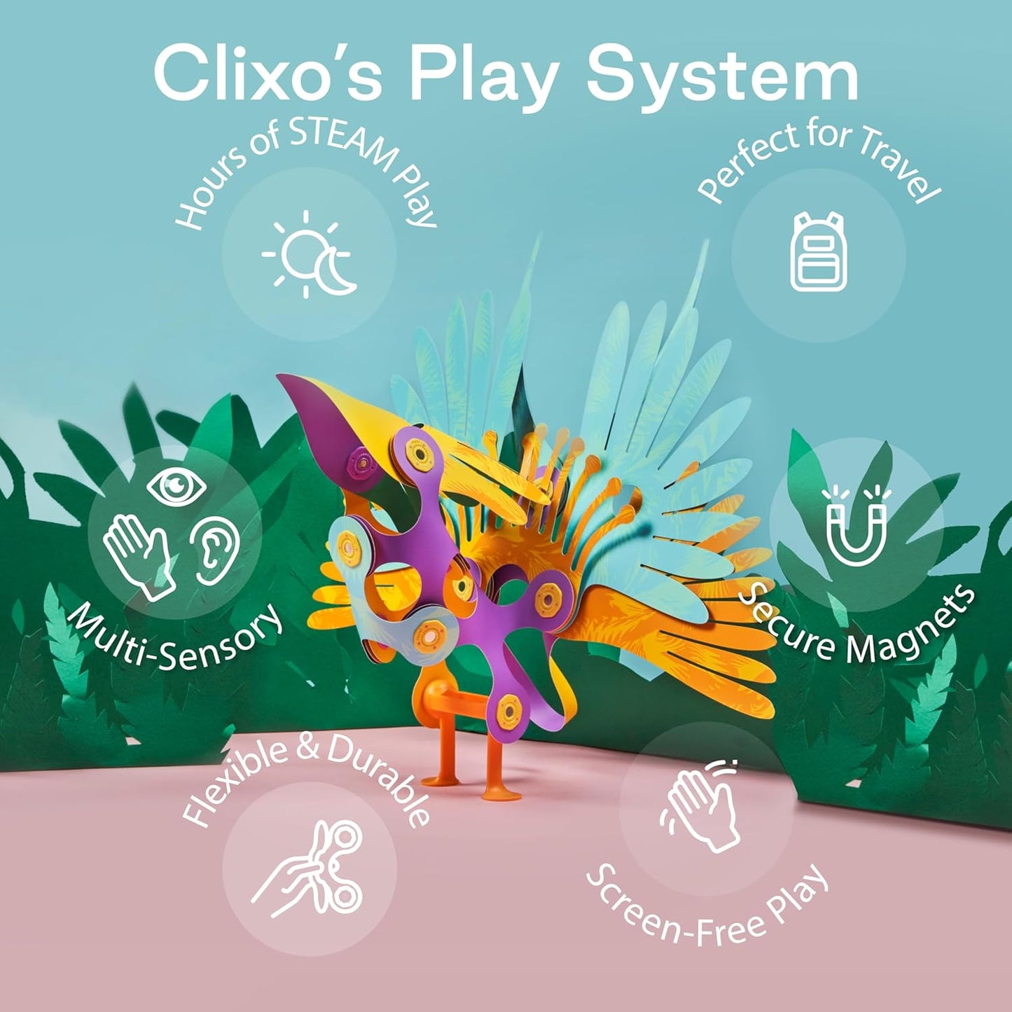 Clixo Tropical Birds Pack - Magnetic STEAM Building Toy Set with Custom Wing-Flapping Mechanism for Creative Play, Ages 6+