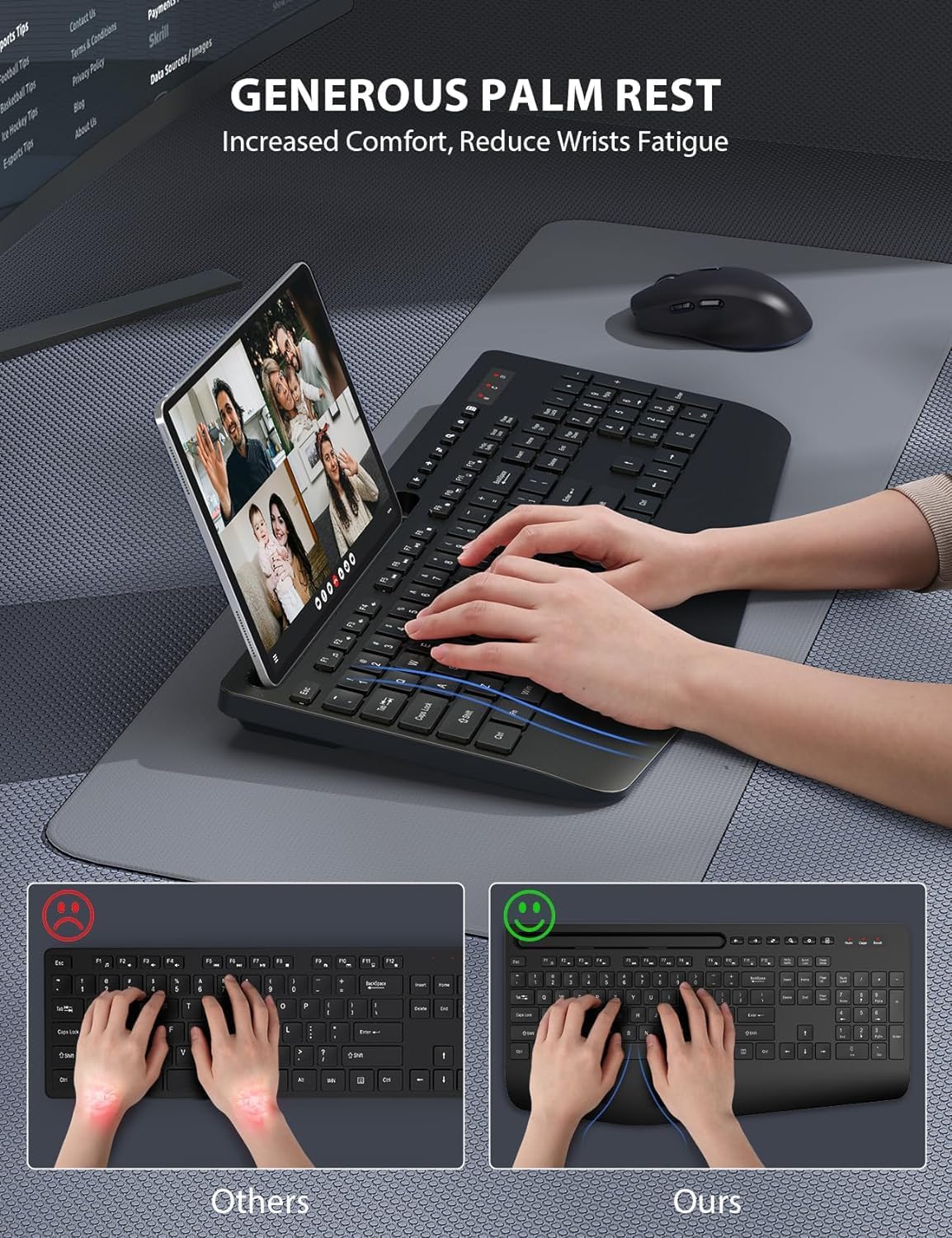 Wireless Keyboard and Mouse Combo - Full-Sized Ergonomic Keyboard with Wrist Rest, Phone Holder, Sleep Mode, 2.4G Quiet Keyboard for PC Laptop, Complete Work Setup for Office or Home -Trueque KM23