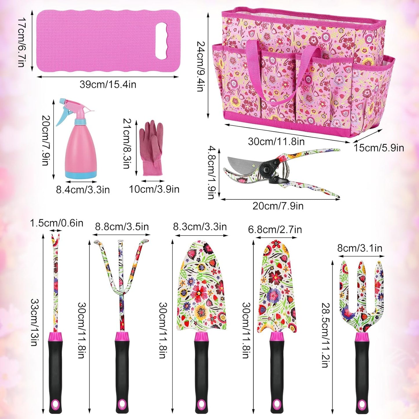 Housolution Gardening Tools Set, 10 PCS Stainless Steel Heavy-Duty with Non-slip Soft Rubber Handle with Large Garden Bag, Floral Pattern Gardening Tool Set Gifts for Women Birthday Mother's Day, Pink