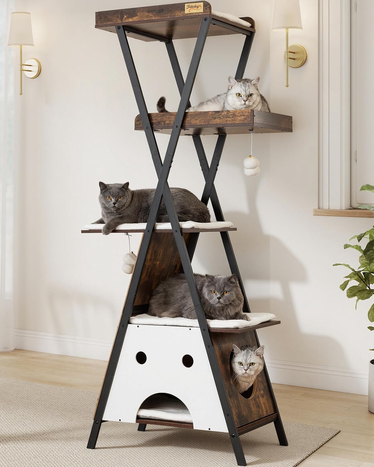 Modern Wood Cat Tree Tower for Indoor Cats Large Adult - 67 Inch Tall Multi-Level Heavy Duty Cat Condo Trees Furniture with Caves Perch Bed Scratching Board - XL Big Sturdy Wooden Kitty House