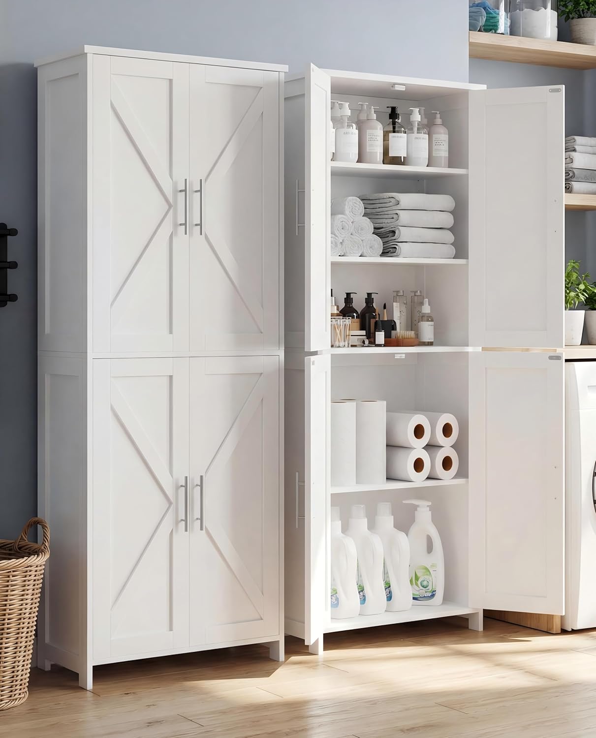 Tall Bathroom Storage Cabinet, 11 x 22.8 x 63 Inches, Floor Cabinet with Barn Doors, Adjustable Shelf, Linen Pantry Cabinet for for Kitchen, Laundry Room, Living Room, Entryway, White