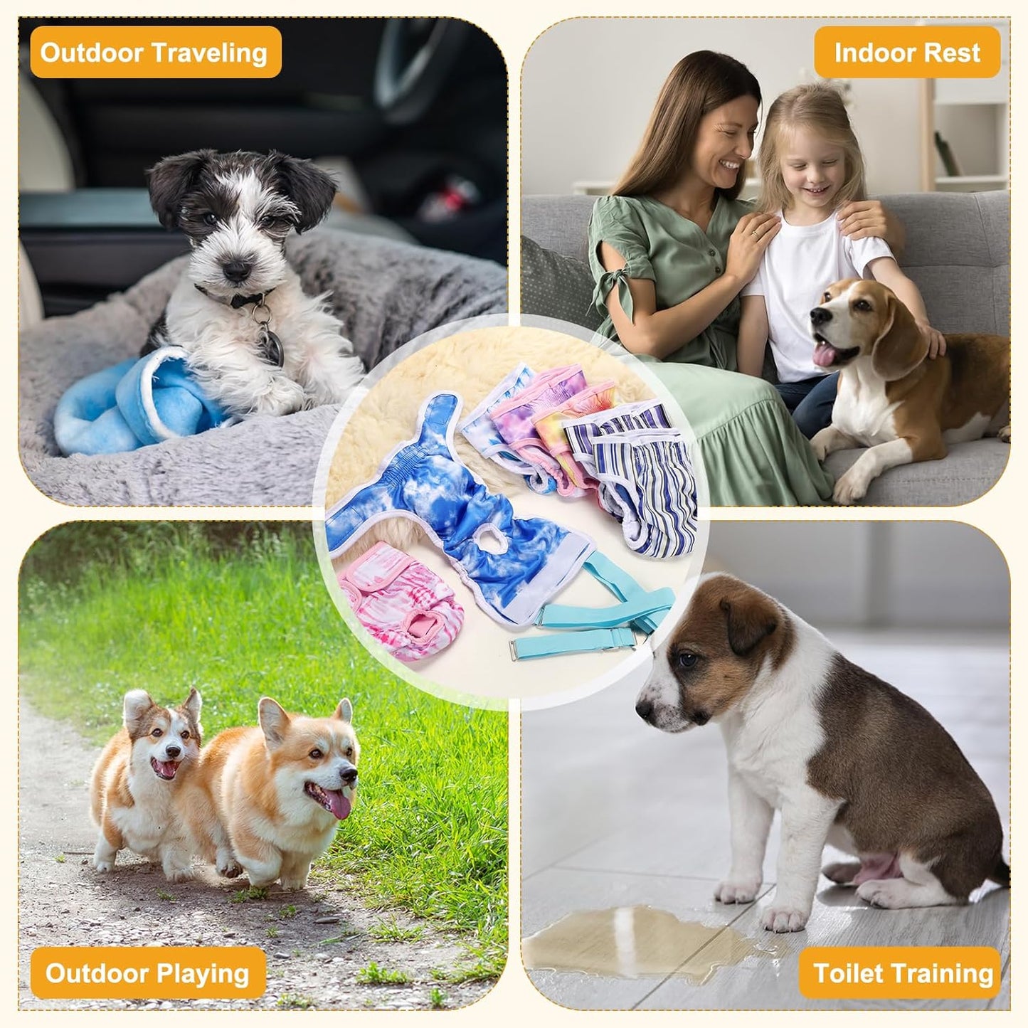 Washable Female Dog Diapers with Suspender, Reusable Dog Diapers Absorbent Leakproof(Purple/Striped Blue XS, 2Pcs), Intended for Small/Medium/Large Female in Heat