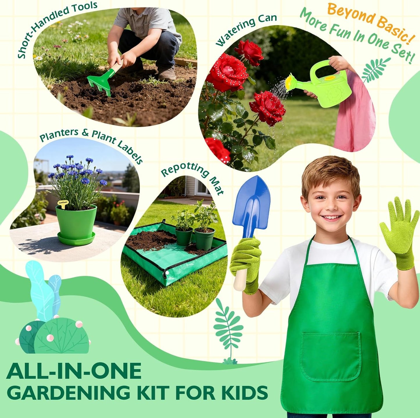 Kids Gardening Set, Outdoor Toys with Wheelbarrow and Kids Garden Tools, Toddler Gardening Set with Repotting mat, Gloves, Apron, Watering Can, Pretend Play Learning Toys for Kids Boys and Girls 3-8