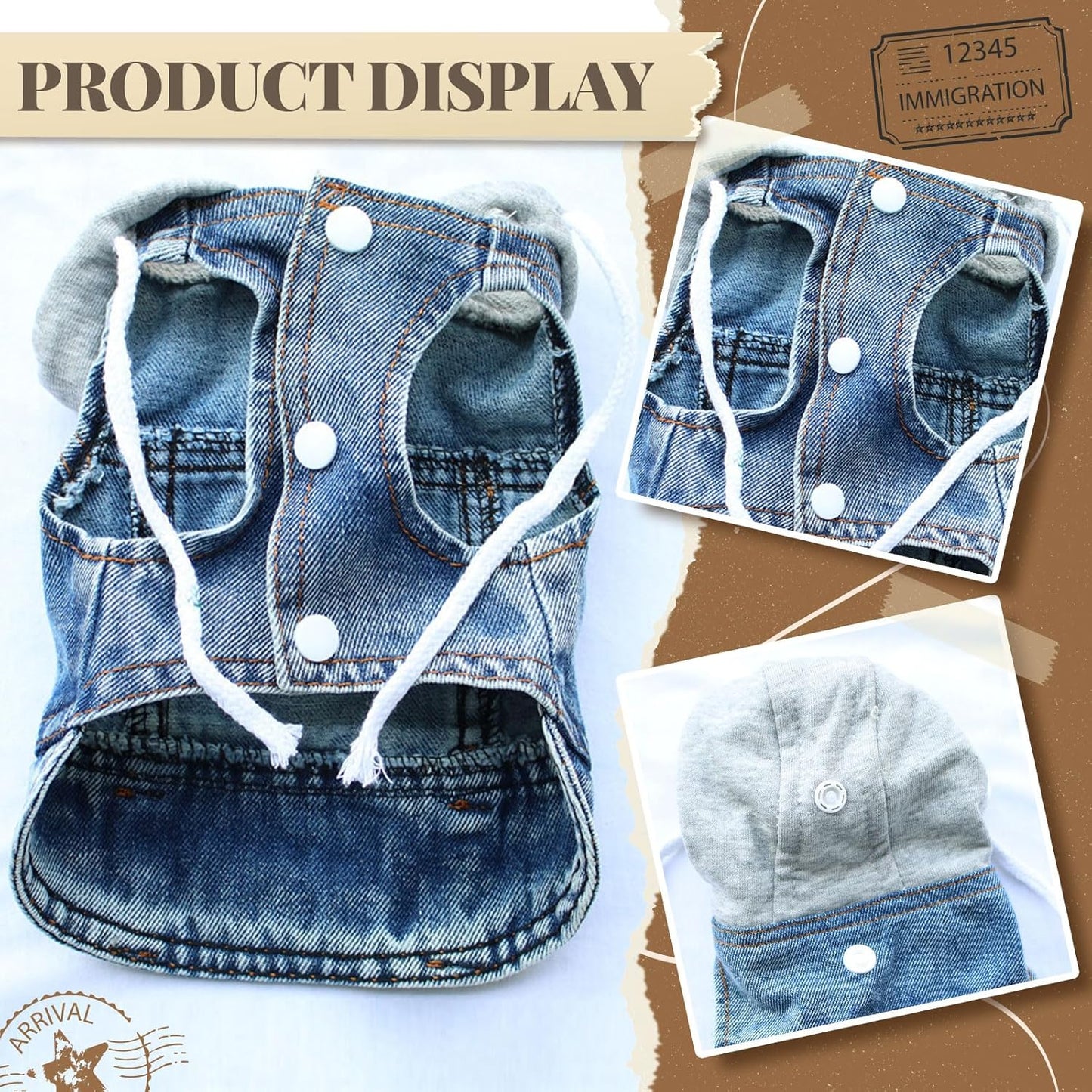 Cool Dog Jean Jacket Vest with D-Ring Blue Denim Dogs Hoodies Outfits for Small Medium Dogs Cats Boy Male Dog Clothes Costume Dogggie Puppy Harness Coat for Frenchie Walking(Grey Hat,XXL)