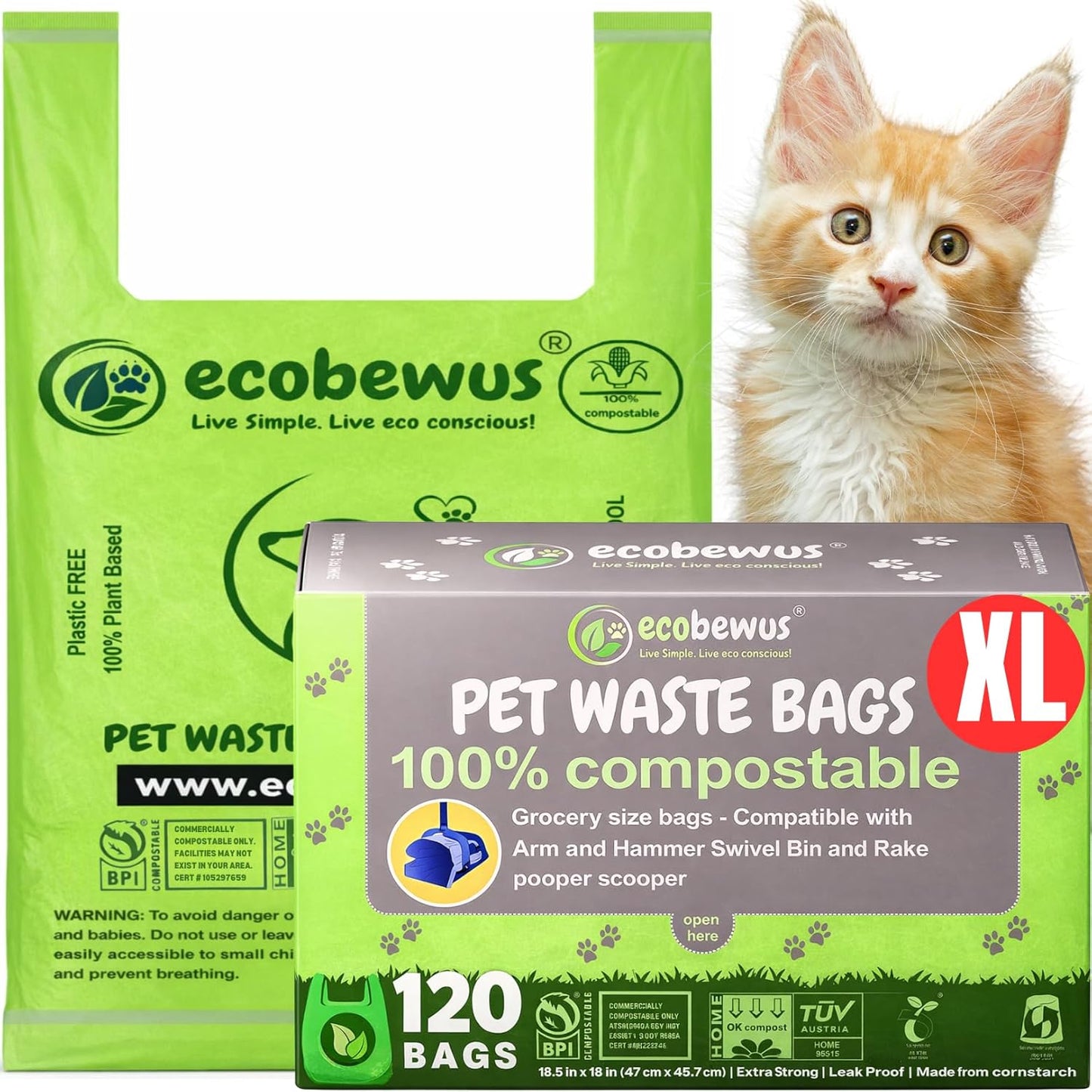 100% Compostable XL Pet Waste Bag (120 ct.) Plant-Based Biodegradable Cat Litter Poop Bags Doggy Poop Bags with Handles Compost Liners US BPI ASTM D6400 & OK Compost Home Certified (120 ct)