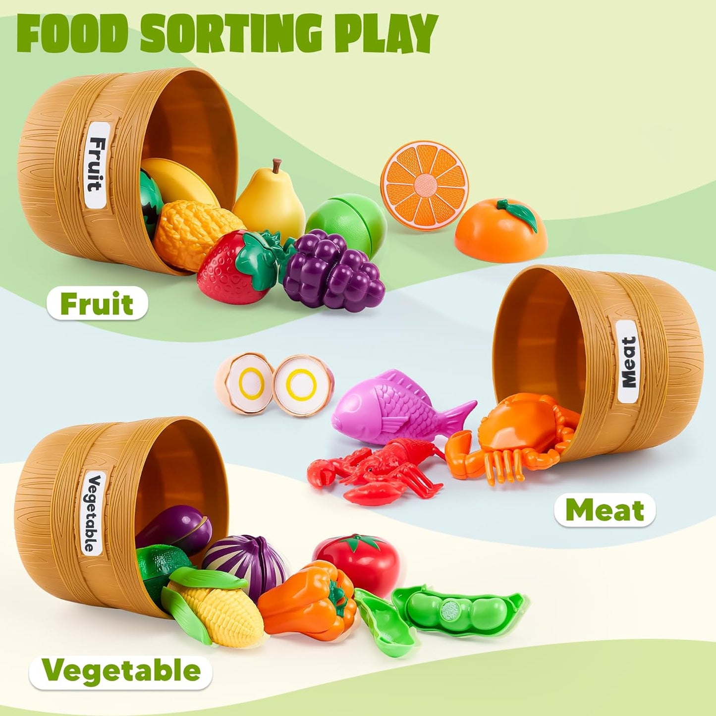 JOYIN Learning Toys Play Food Set for Toddlers, Cutting Food for Preschool Activities, Play Kitchen Accessories, Educational Toys, Color Sorting Set for Boys & Girls, Easter Basket Stuffers