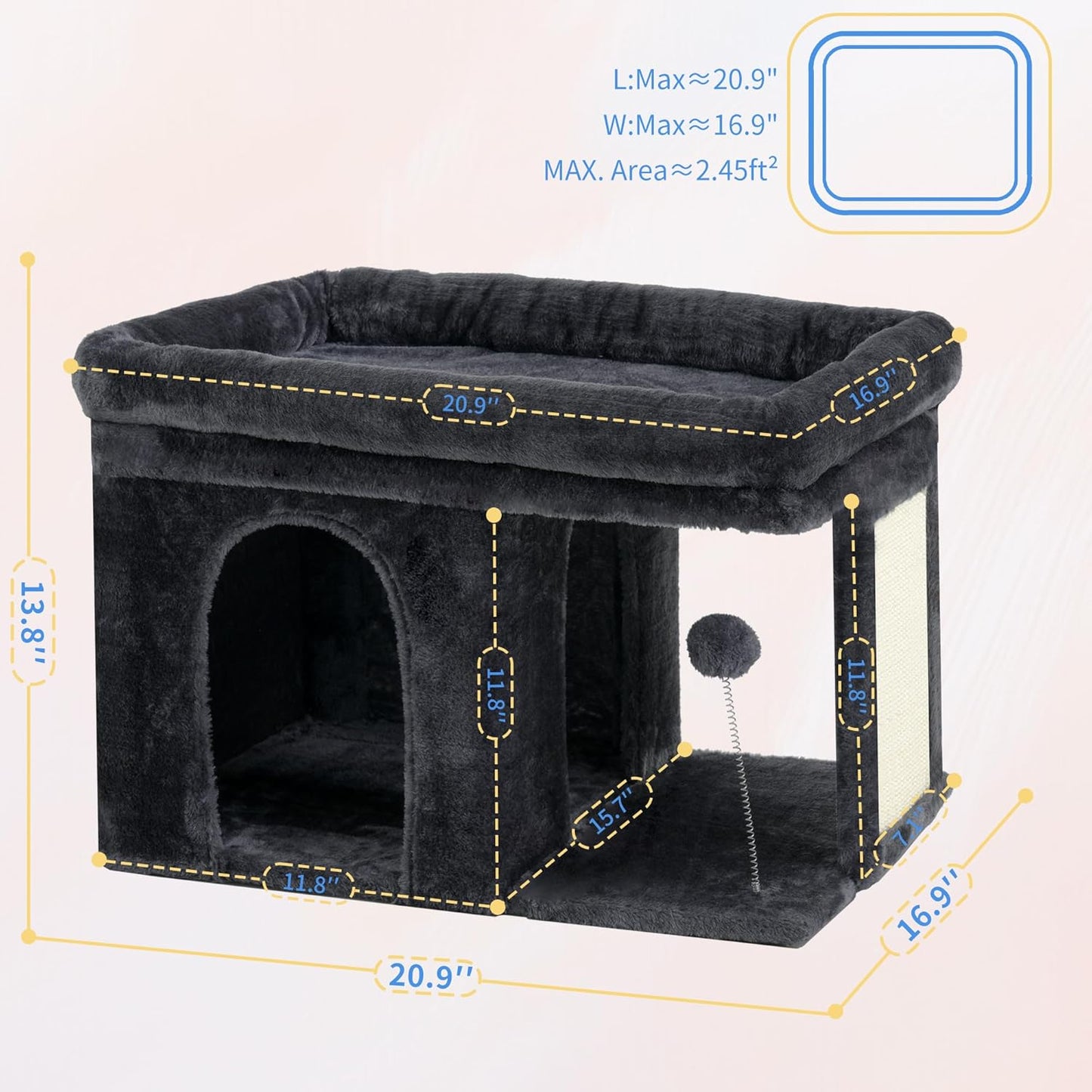 Heybly Cat Tree, 14 inch Cat Tower with Large Perch Bed and Cat Condo for Indoor Cats Large Adult, Cat House with Scratching Posts and Interactive Spring Balls for Your Kittens, Smoky Gray HCT203SG
