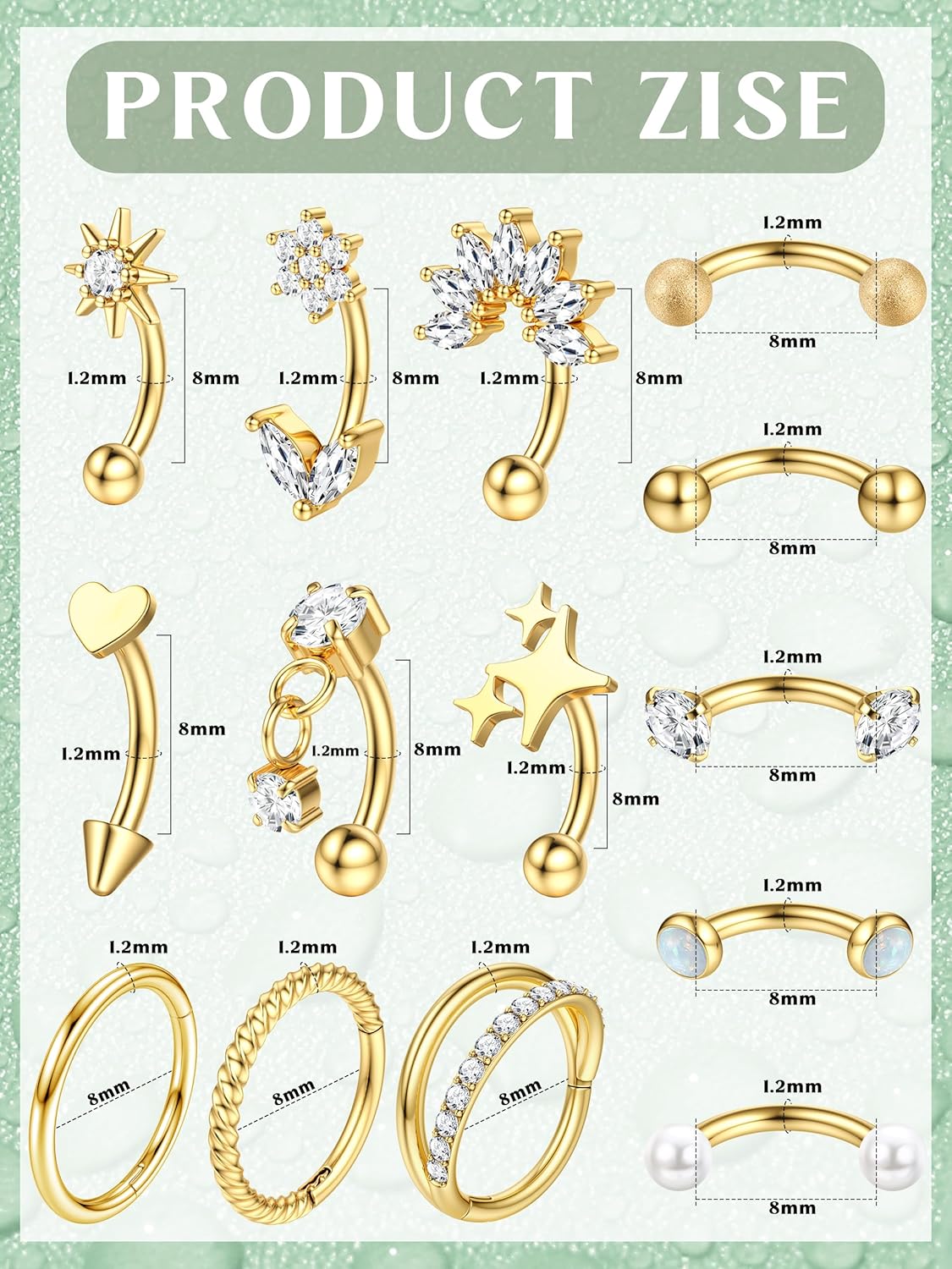 ORAZIO 16g Rook Piercing Jewelry Surgical Steel Vertical Labret Lip Jewelry Gold Eyebrow Piercing Rook Daith Earrings for Women Cartilage Curved Barbell Daith Tragus Piercing Jewelry 14Pcs