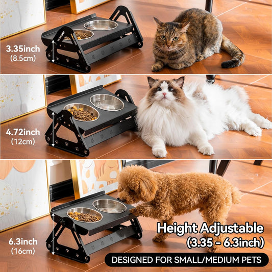 Elevated Dog Bowls with 2 400ml Stainless Steel Bowls for Small Medium Dogs Cats, 3.35''-6.3'' Height Adjustable and 15° Tilted Adjustment Raised Stand, Lifted Pet Food & Water Feeder