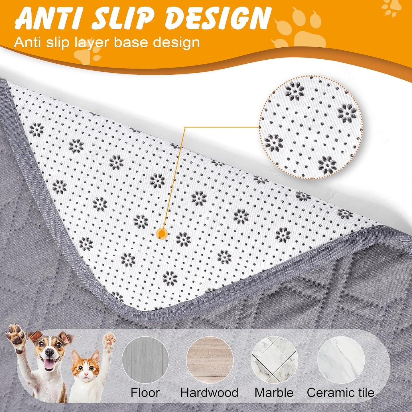 24x18 in Washable Pee Pads for Dogs,2 Pack Reusable Puppy Pads,Waterproof Non-Slip Pet Pee Pads ,4 Layer Design Pet Training Pads for Dogs, Cats, Bunny(Grey