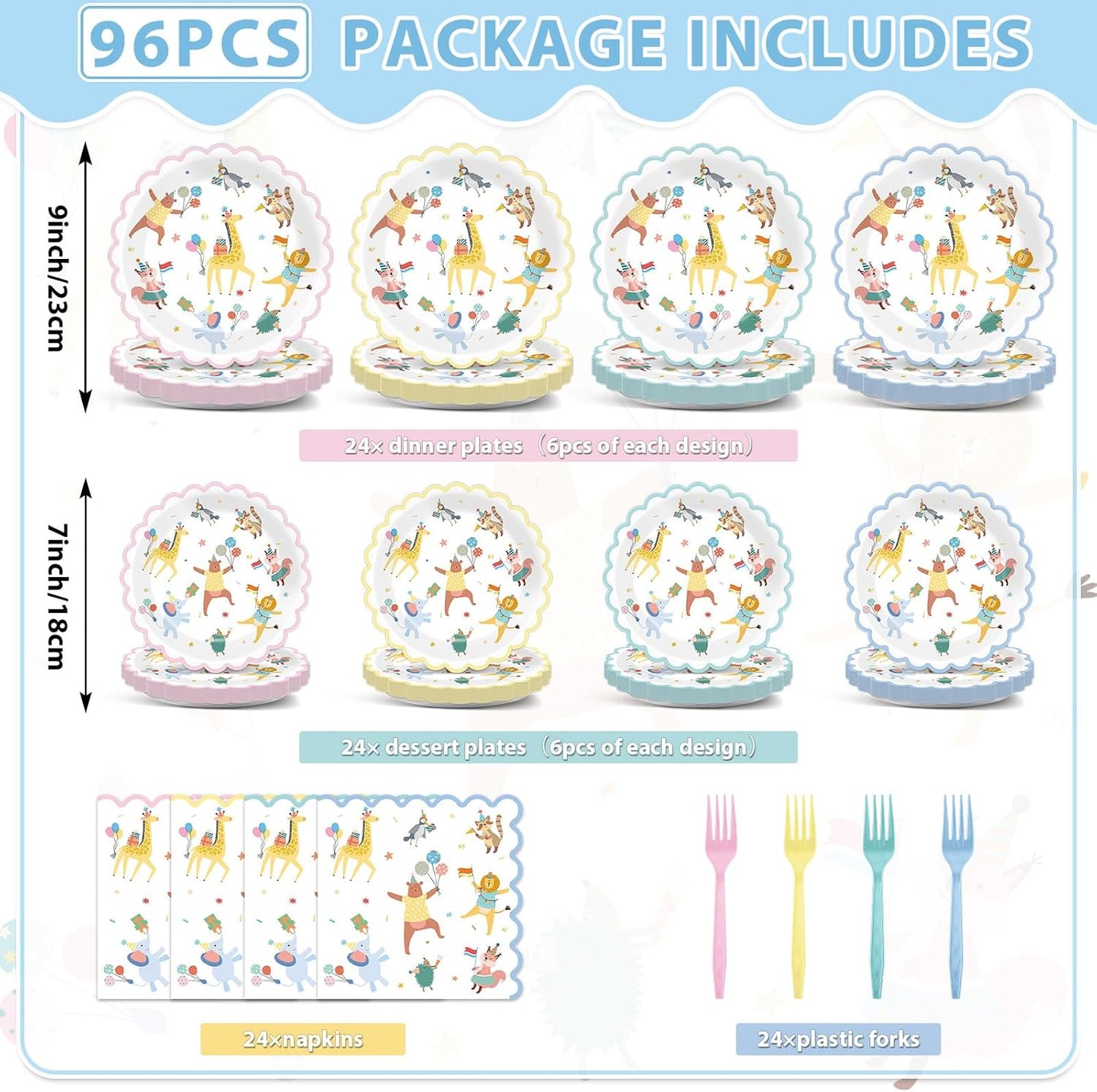 96Pcs Animal Party Supplies Pastel Animal Scalloped Tableware Dinnerware Animals Themed Party Plates and Napkins for Kids Jungle Safari Birthday Baby Shower Parties Decor Serves 24