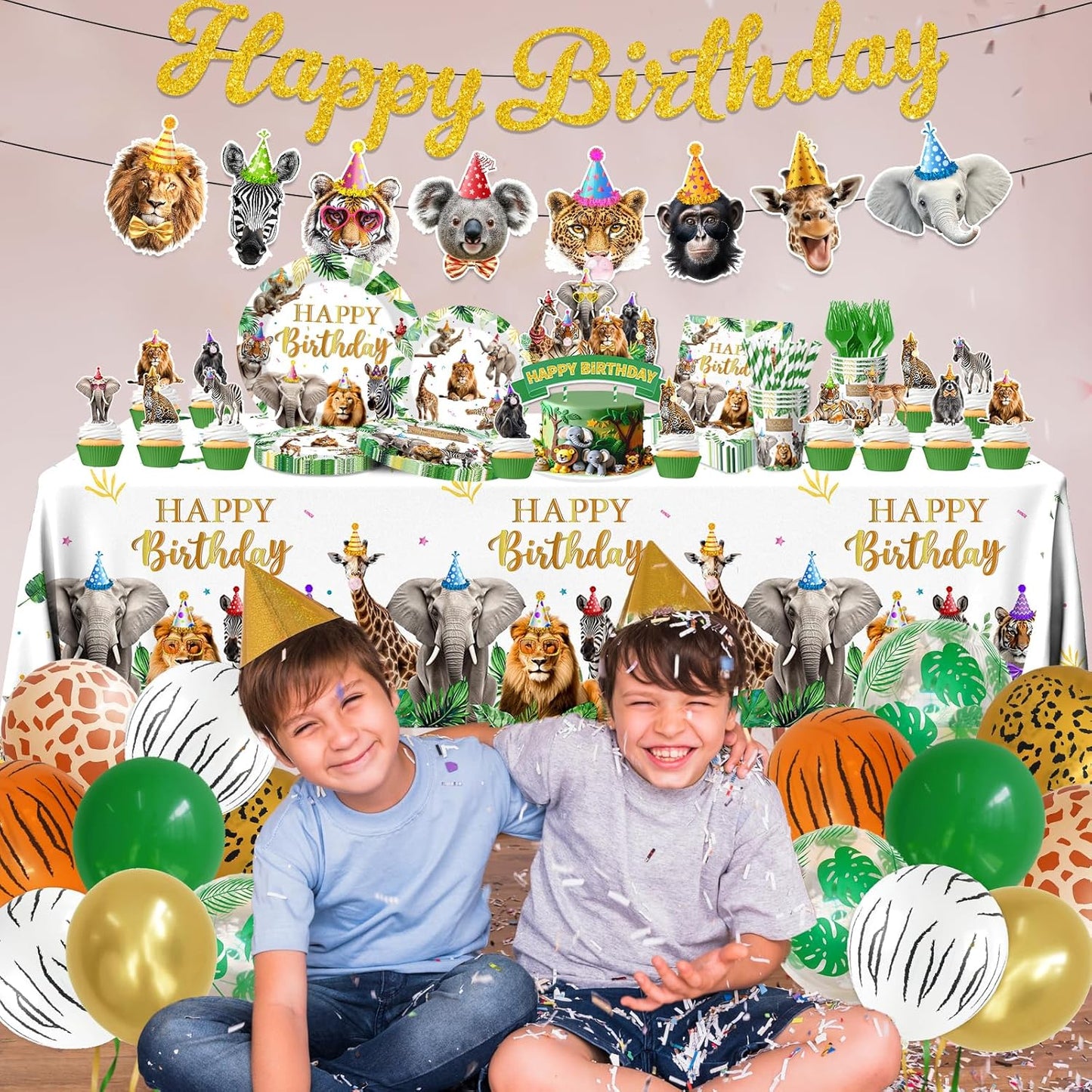Safari Themed Party Decorations Tableware,198pcs Jungle Plates and Napkins for Party,animal Birthday Party Tablecloth Cups Cake Toppers Balloons for Zoo Party Decorations