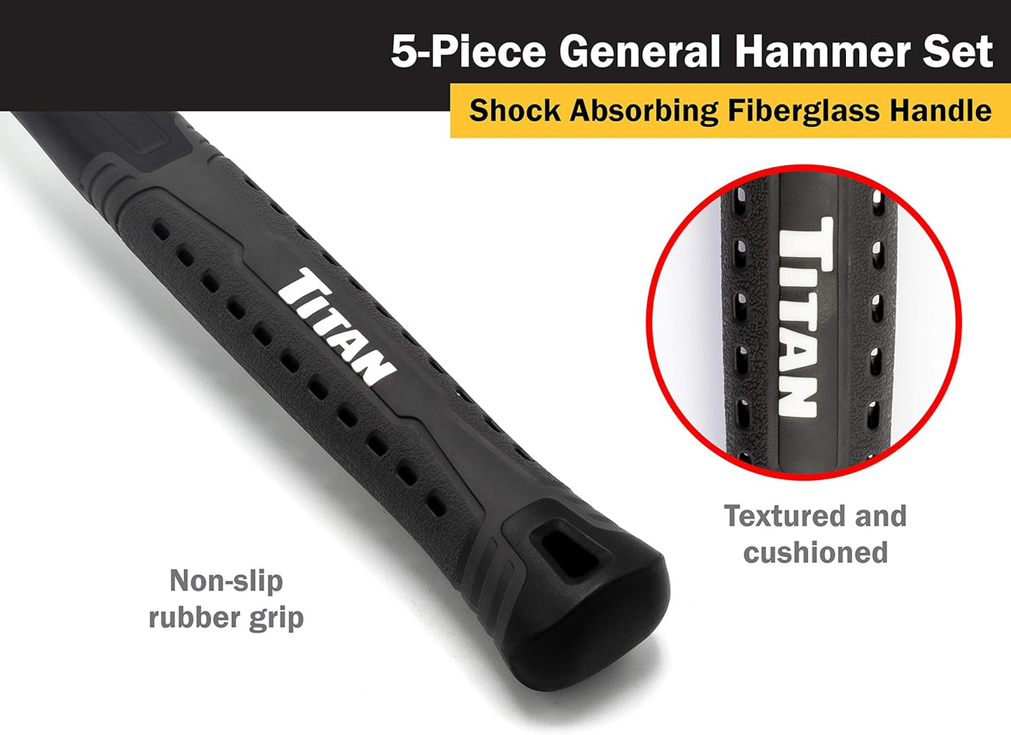 Titan 63125 5-Piece Hammer Set, Includes 16oz & 32oz Ball Pein, 32oz Rubber Mallet, 3lb Sledgehammer, & 3lb Cross Pein, Shock Absorbing Fiberglass Handles with Textured Grips