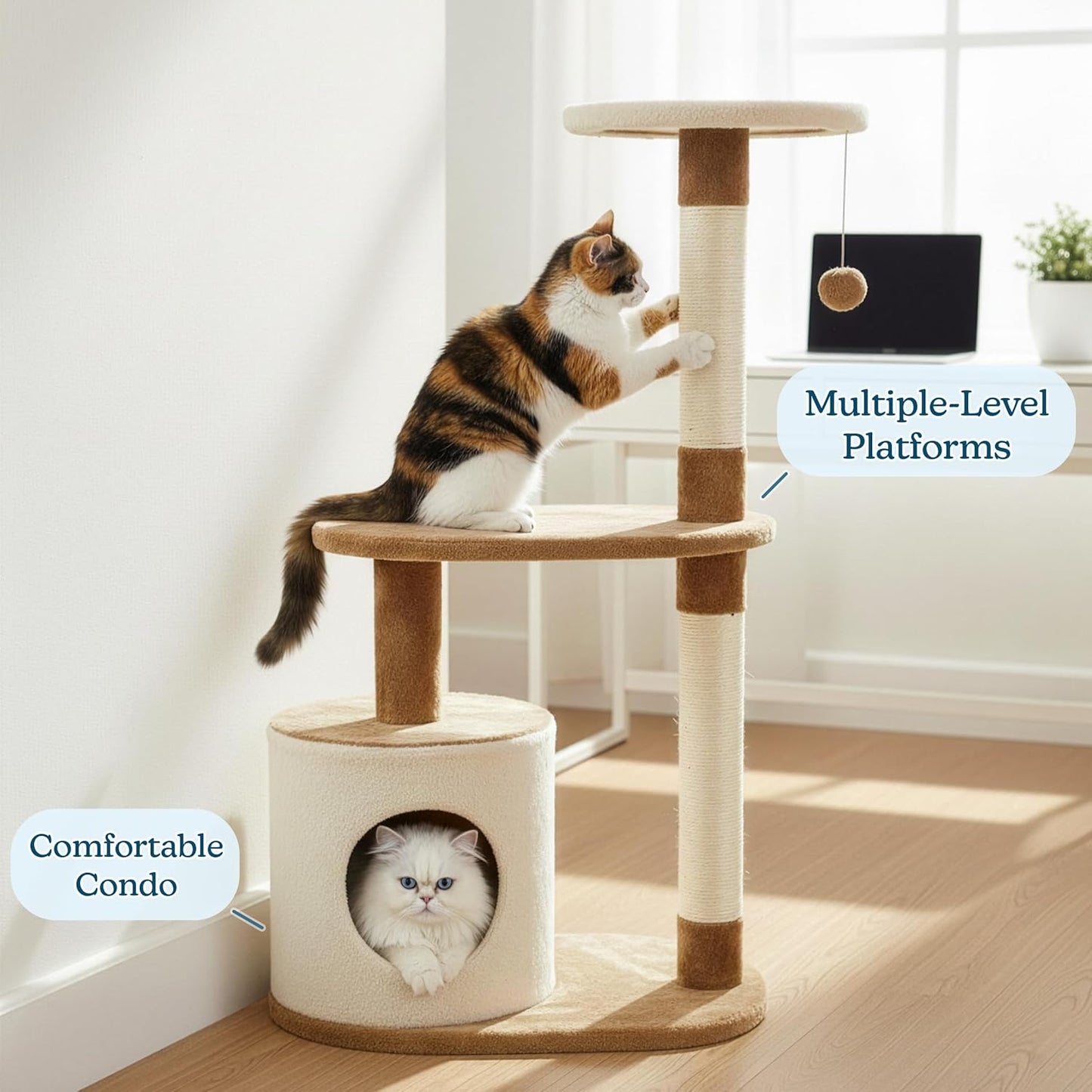 PETMAKER Cat Tree Condo 3 Tier with Condo and Scratching Posts, 37.5", Brown and Tan