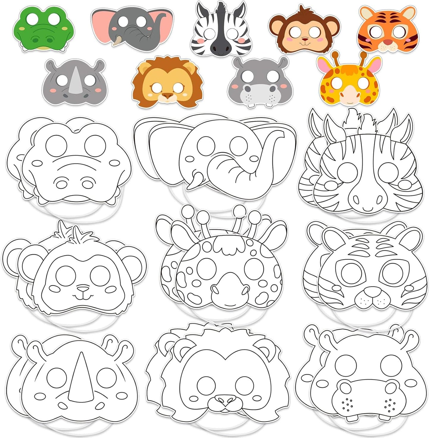 63Pcs Color Your Own Animal Masks Crafts for Kids DIY Paper Blank Jungle Animal Party Favors Lion Tiger Monkey Masks Making Kits with Ropes for School Class Activities Birthday Party Supplies