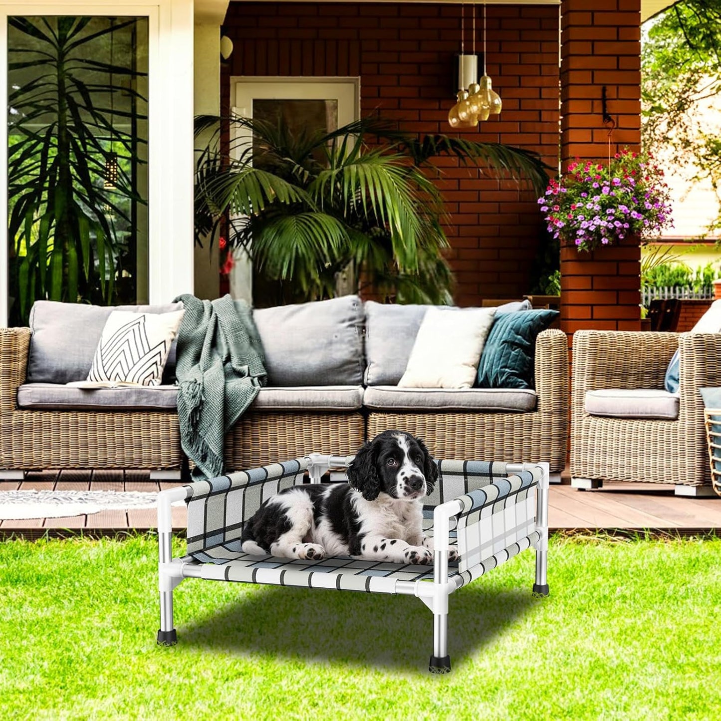 Elevated Raised Outdoor Dog Bed - Cooling Washable Dog Cot with Guardrail, Durable & Breathable Cotton Mesh Pet Hammock Beds with Stainless Steel Pipe Frame for Small Pets (20'' x 20'' x 12'')