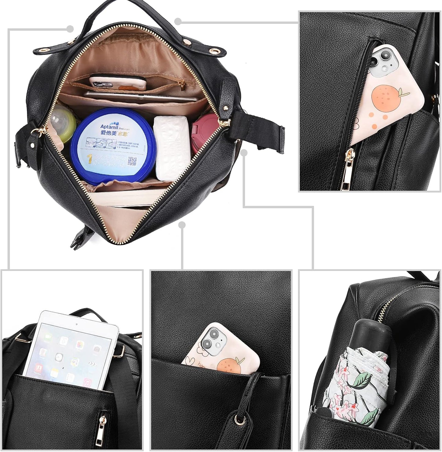 Diaper Bag Backpack Leather Backpack for Women Travel Dad Mother Outdoor Backpack with Changing Pad Stroller Straps(2 pieces) Khaki