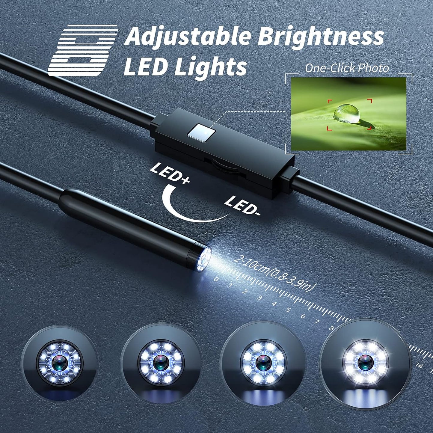 Endoscope Camera with Light, 1920P HD Borescope Tools with 8 Adjustable LED Lights, Endoscope with Semi-Rigid Snake Camera, Inspection Borescope for iOS and Android - 16.4ft Single Lens