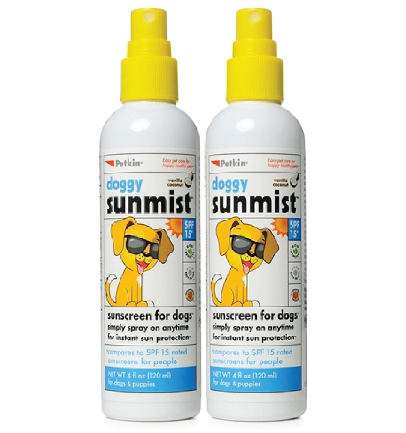 Petkin Dog Sunscreen Sunmist– Sunscreen for Dogs and Puppies, SPF 15 – Simply Spray on Anytime for Instant Sun Protection – Vanilla Coconut Scent, 4 oz Bottle – Ideal for Home or Travel