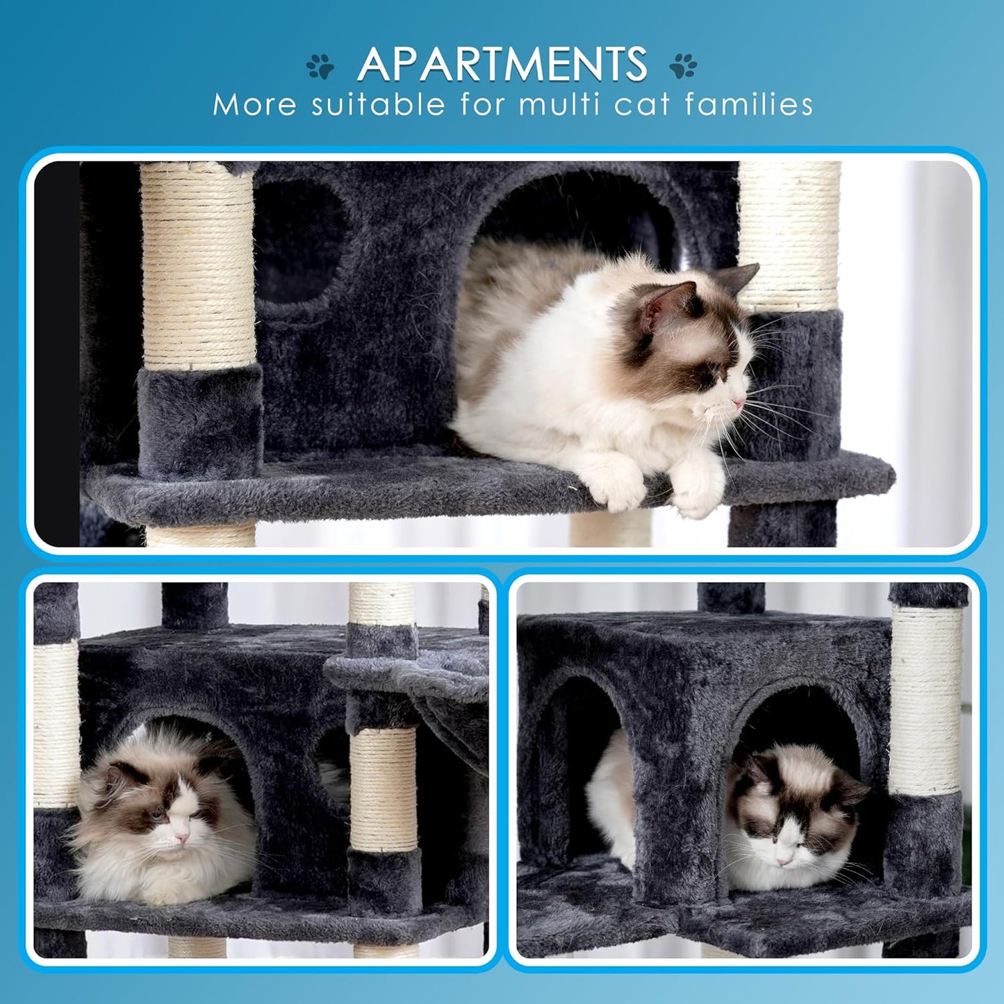 Hey-brother Cat Tree, 74 inches Multi-Level XL Large Cat Tower for Indoor Cats with Three Cat Condos, Two Large Top Decks and Cat Hairbrushfor Kittens, Cats and Pets, Smoky Gray MPJ035-MG