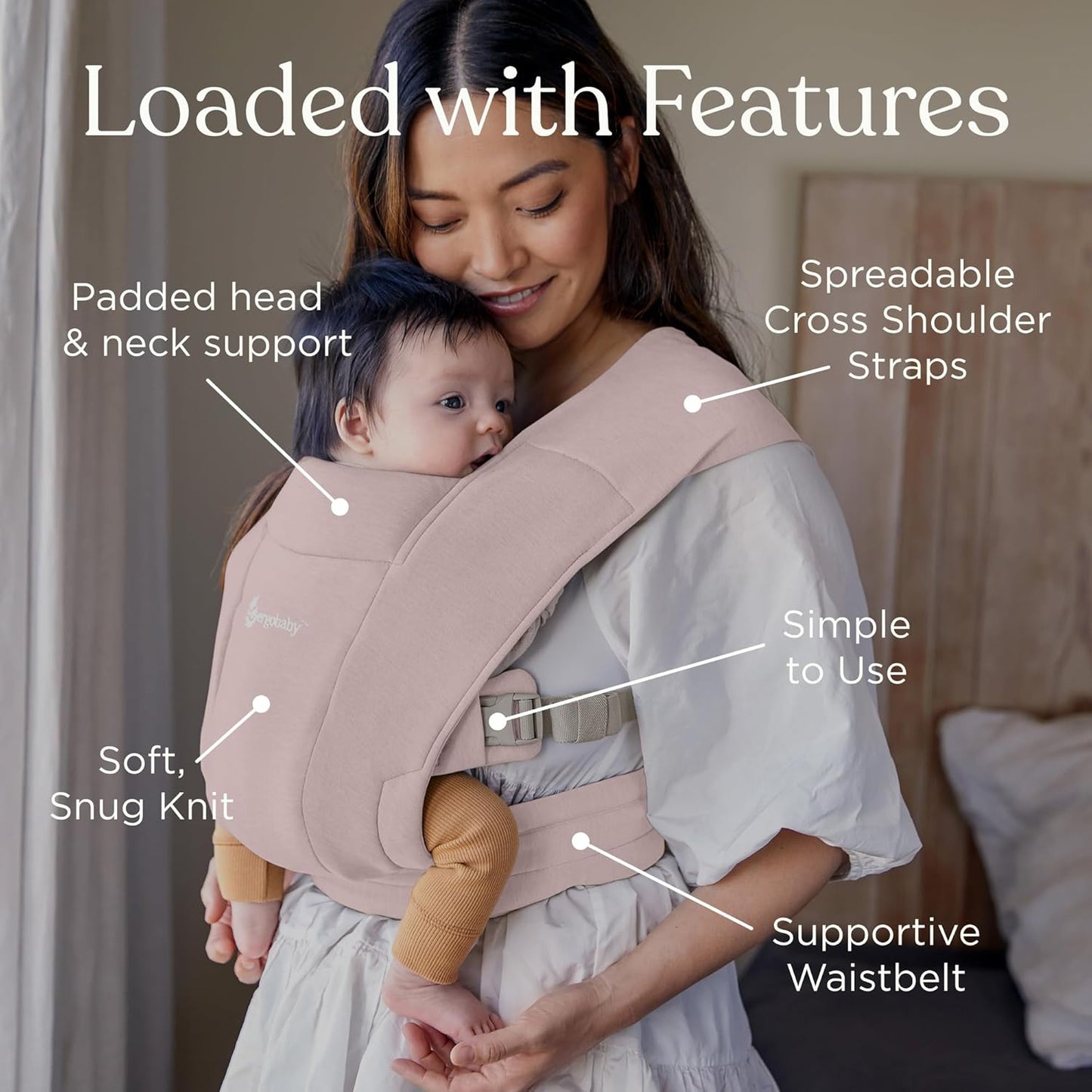Ergobaby Embrace Baby Carrier Newborn to Toddler - Lightweight Ergonomic Baby Carriers - Cozy Essentials (7-25 Pounds), Ponte Knit, Blush Pink