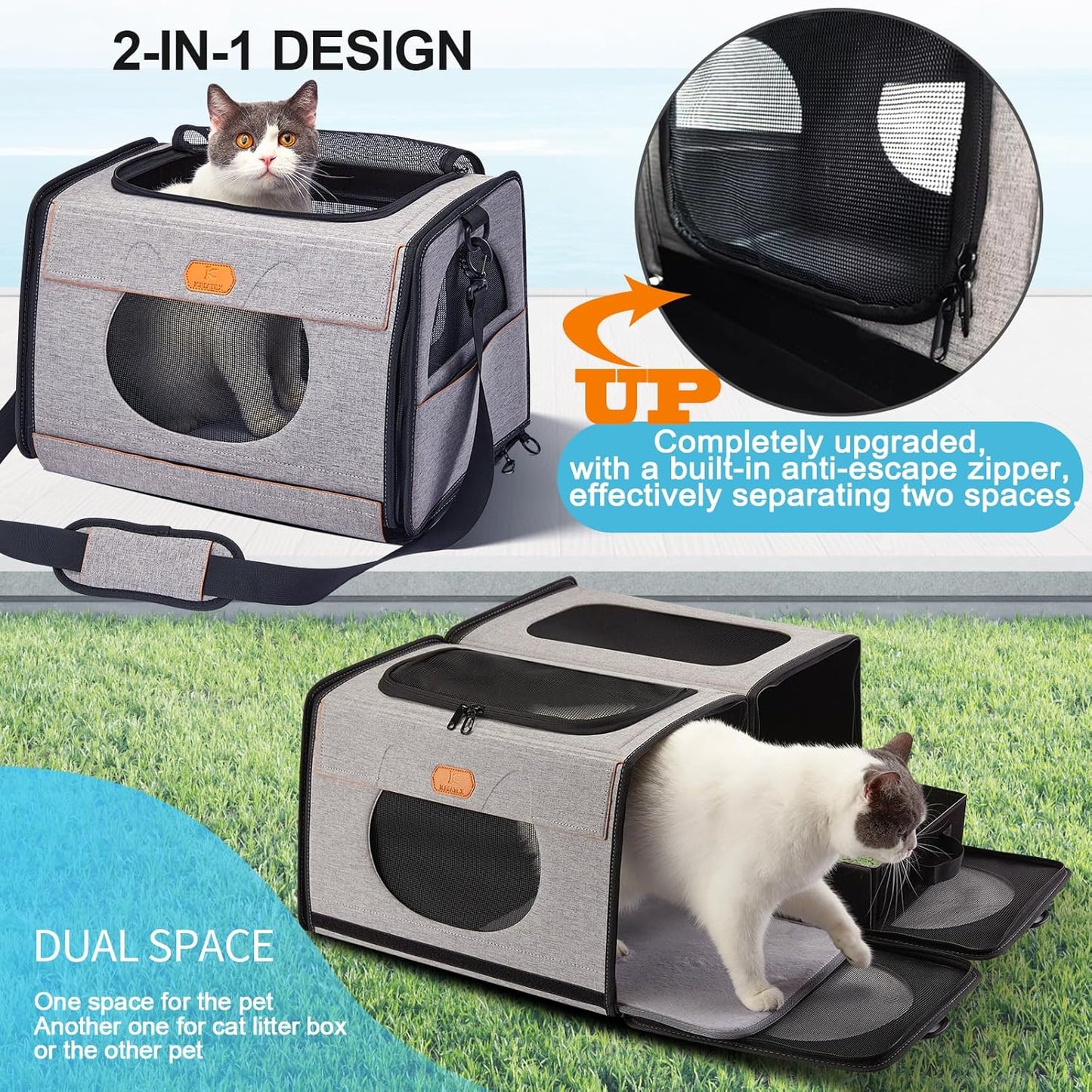 IC ICREATE.X Large Cat Carrier with Litter Box for Car Travel, Pet Carrier Bag 2-in-1，Double Cat Travel Transport Carrier for Long Distance, Collapsible Dog Crate, Cat Bag for Kitten 2 Cats