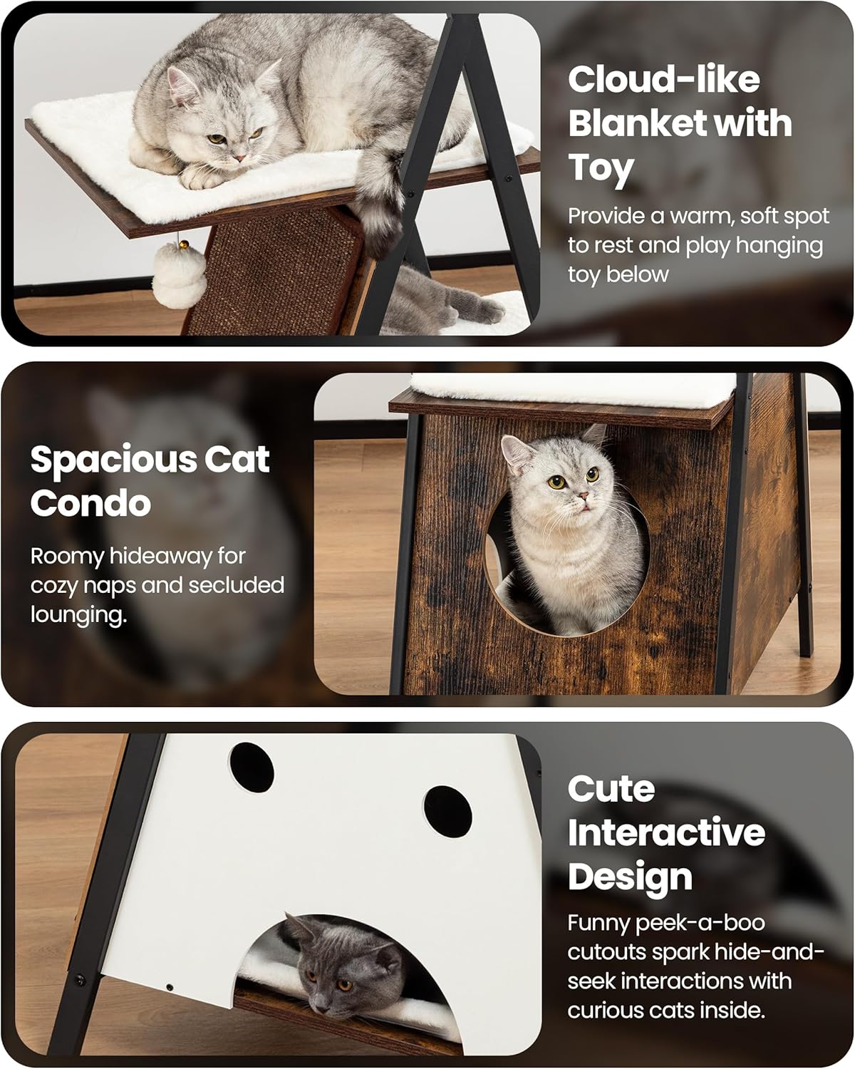 Modern Wood Cat Tree Tower for Indoor Cats Large Adult - 67 Inch Tall Multi-Level Heavy Duty Cat Condo Trees Furniture with Caves Perch Bed Scratching Board - XL Big Sturdy Wooden Kitty House