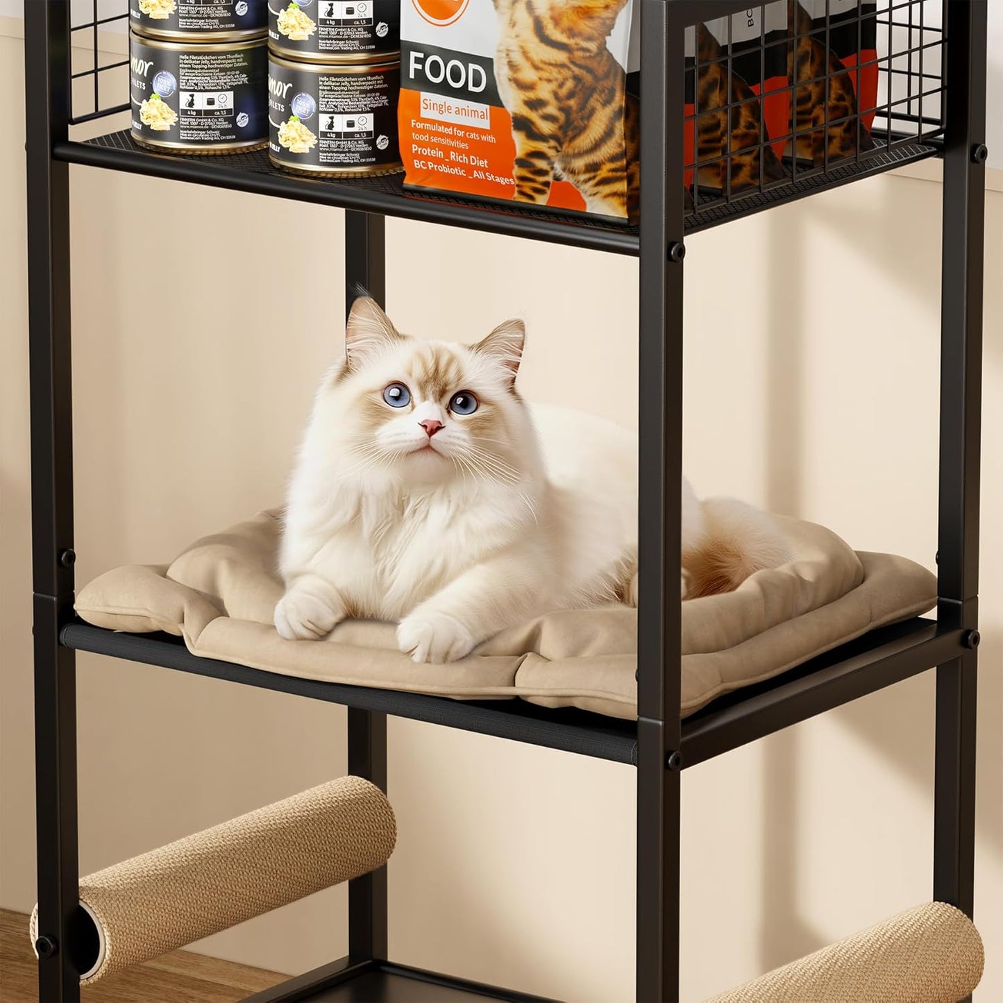 4in1 Cat Furniture Stand with Cat Scratching Post, Cat Food Bowls, Cats Bed Platform, Cats Food Storage Organizer, All in One Pet Furniture for Small Space (Black)