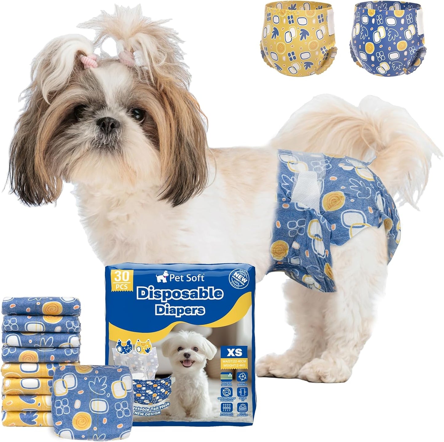 Pet Soft Dog Diapers Female Disposable Doggie Diapers with Wetness Indicator, Puppy & Cat Diapers Super Absorbent, Fit for Female Dog in Heat or Incontinence, 30pcs (XS, Mixed)