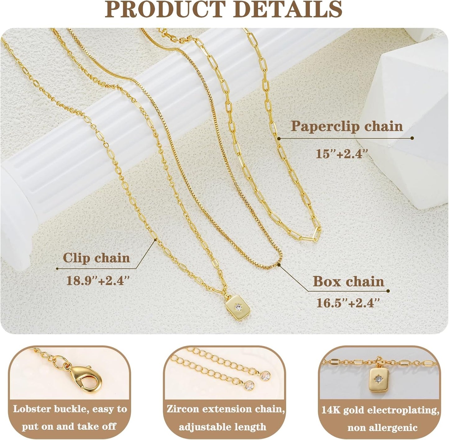 YEEZII Layered Gold Necklaces for Women Trendy, 3 Pcs 14K Gold Plated Choker Paperclip Box Chain Necklace, Stackable Women's Gold Pendant Necklaces Jewelry Set
