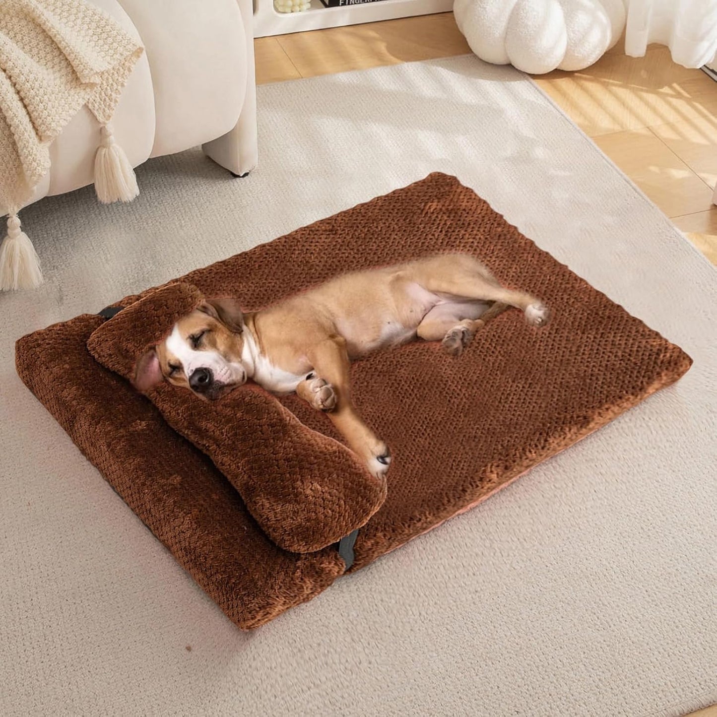 huraty Orthopedic Dog Bed with Bolster Pillow, Soft Plush Pet Bed Mat Non-Slip Bottom, Washable Pet Bed Mattress for Crate Kennel Suitable for Pets Up to 10 lbs, Coffee 19.6x15.7x2 in