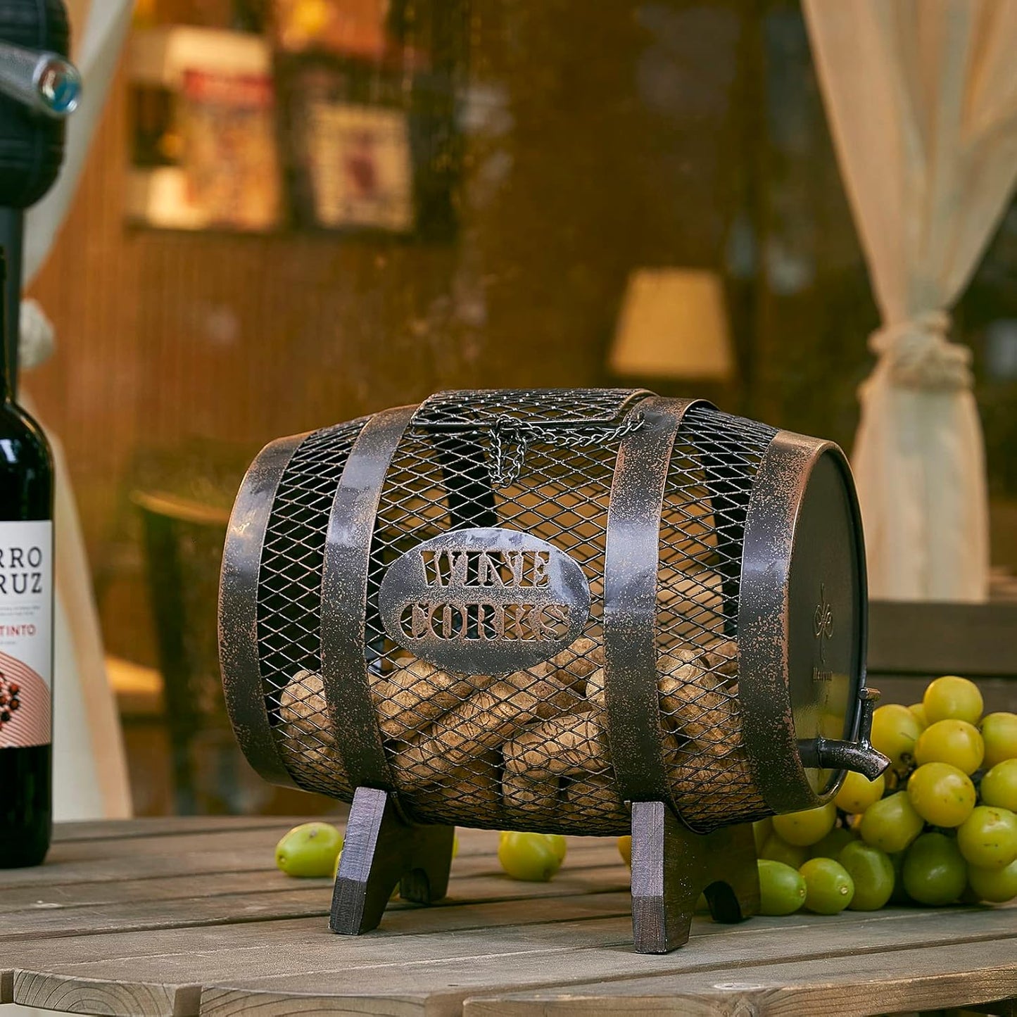 Rustic Metal Large Barrel Wine Cork Holder Display On Wooden Stand, Container for Display, Home Decor, Housewarming Gifts, Home Bar Decor, Wine Gifts, Engagement Gifts, Kitchen Decor