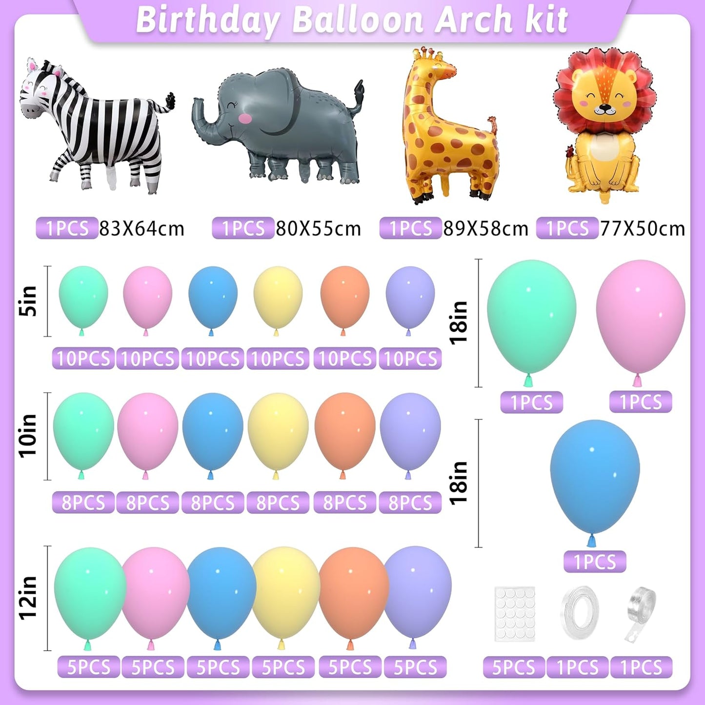 Cute Animal Balloon Garland Arch,152Pcs Colorful Balloons with Zebra Elephant Giraffe and Lion Foil Balloons for Baby Shower Kids' Woodland Animals Zoo Theme Birthday Party Supplies Decorations